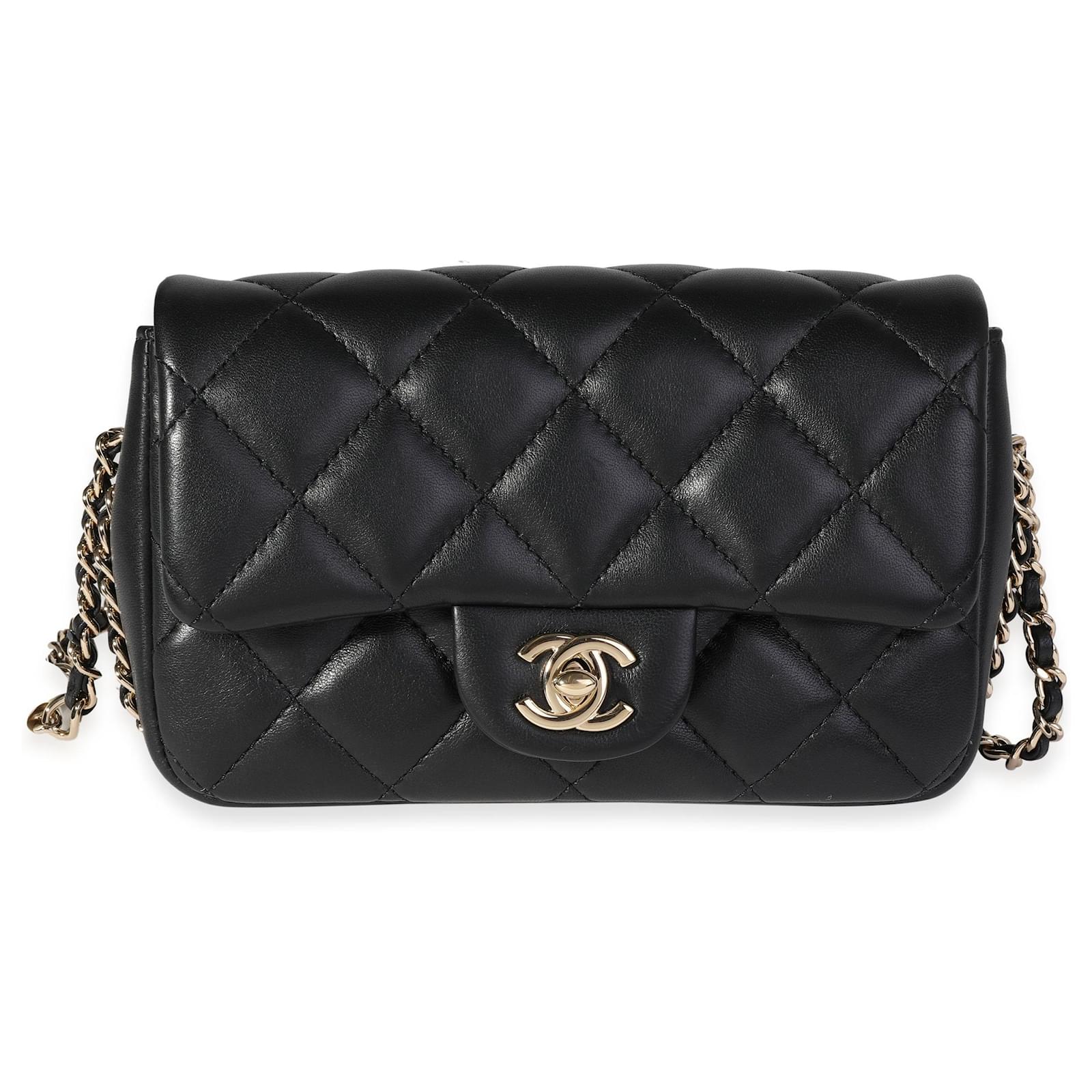Chanel Black Quilted Lambskin Pearl Logo Strap Small Flap Bag Leather  ref.613908 - Joli Closet