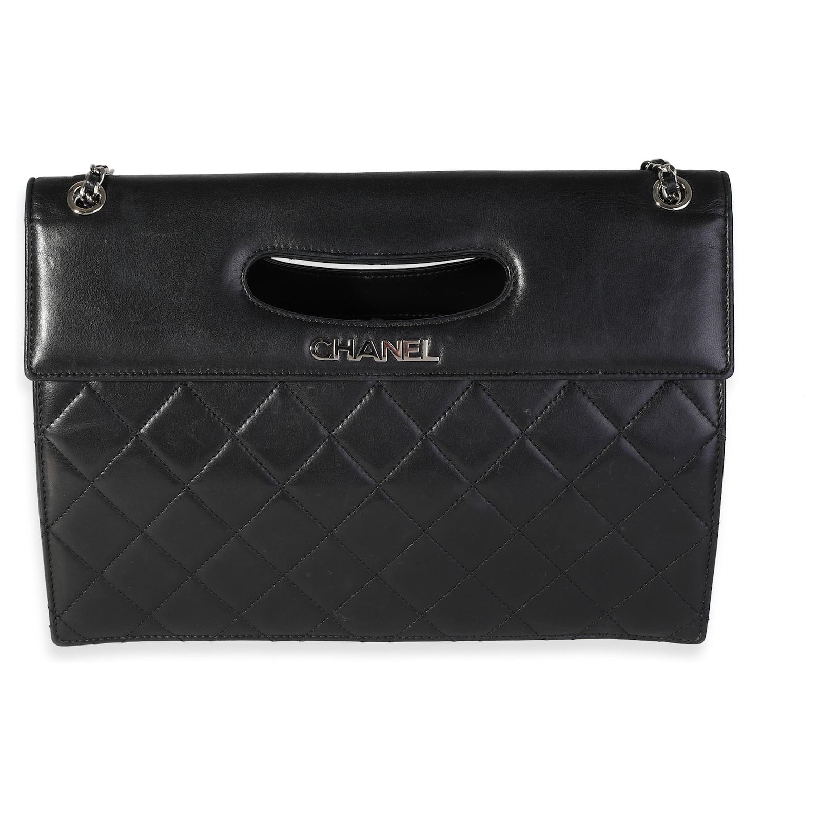 Chanel Black Quilted Lambskin Cutout Frame Clutch With Chain Leather