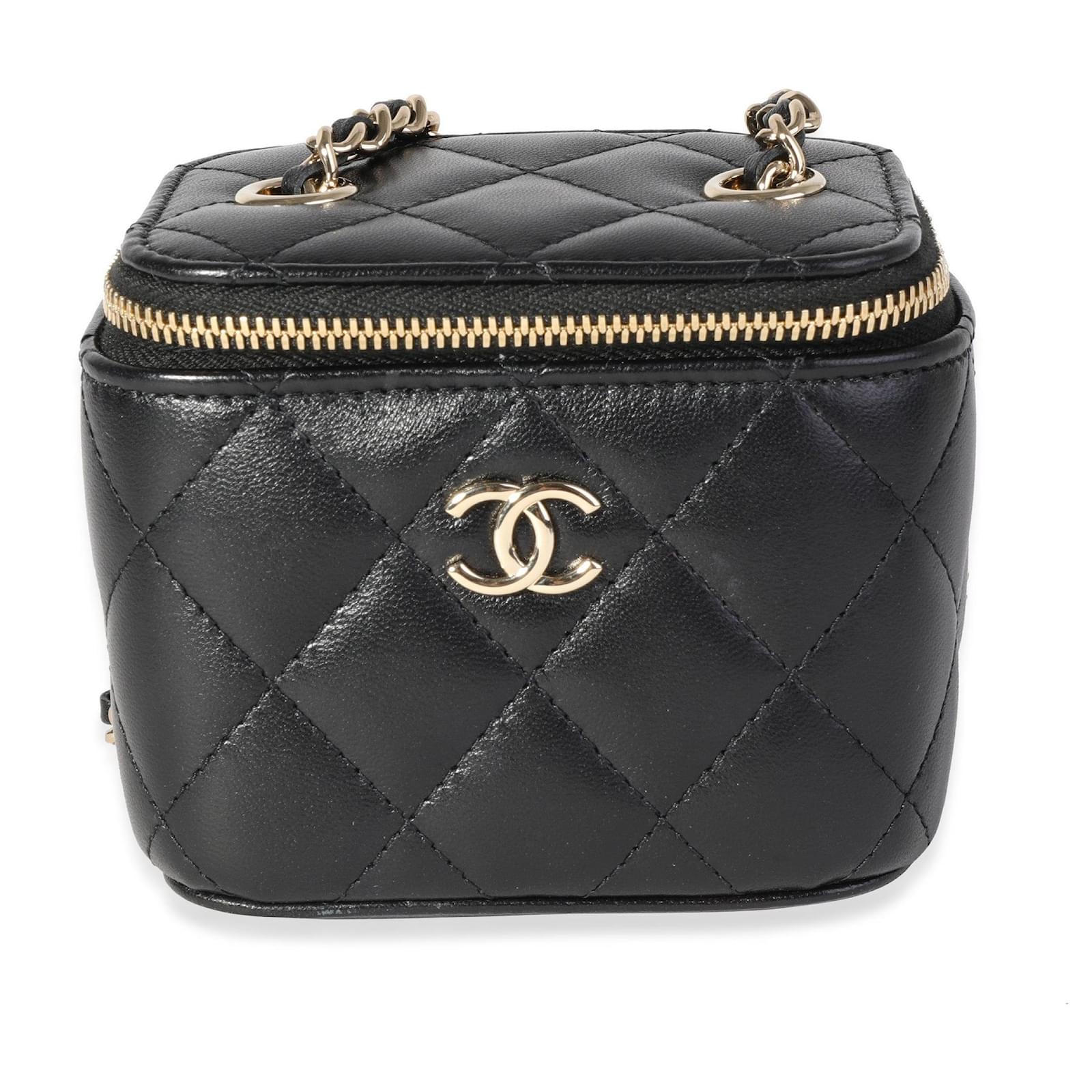 Chanel Black Quilted Lambskin Mini Vanity Case With Chain Leather