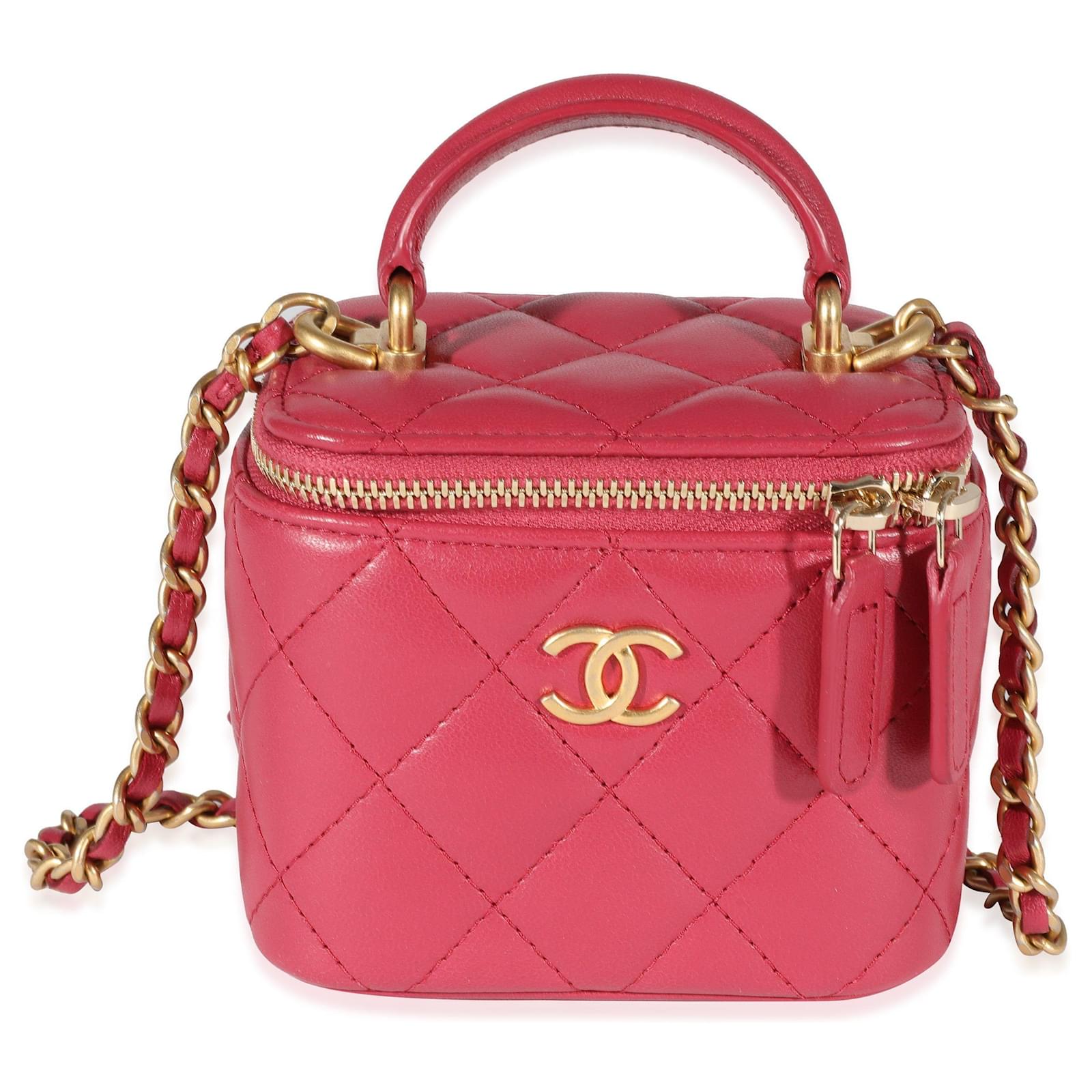 Chanel Raspberry Quilted Lambskin Mini Vanity Case With Chain Red