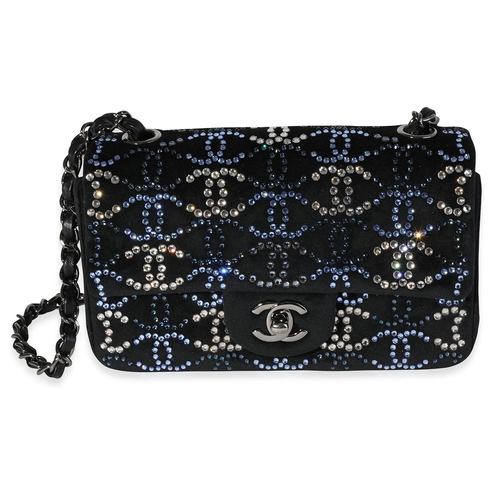 Chanel Black Velvet & Crystal Cc Mini Rectangular Flap Bag Leather