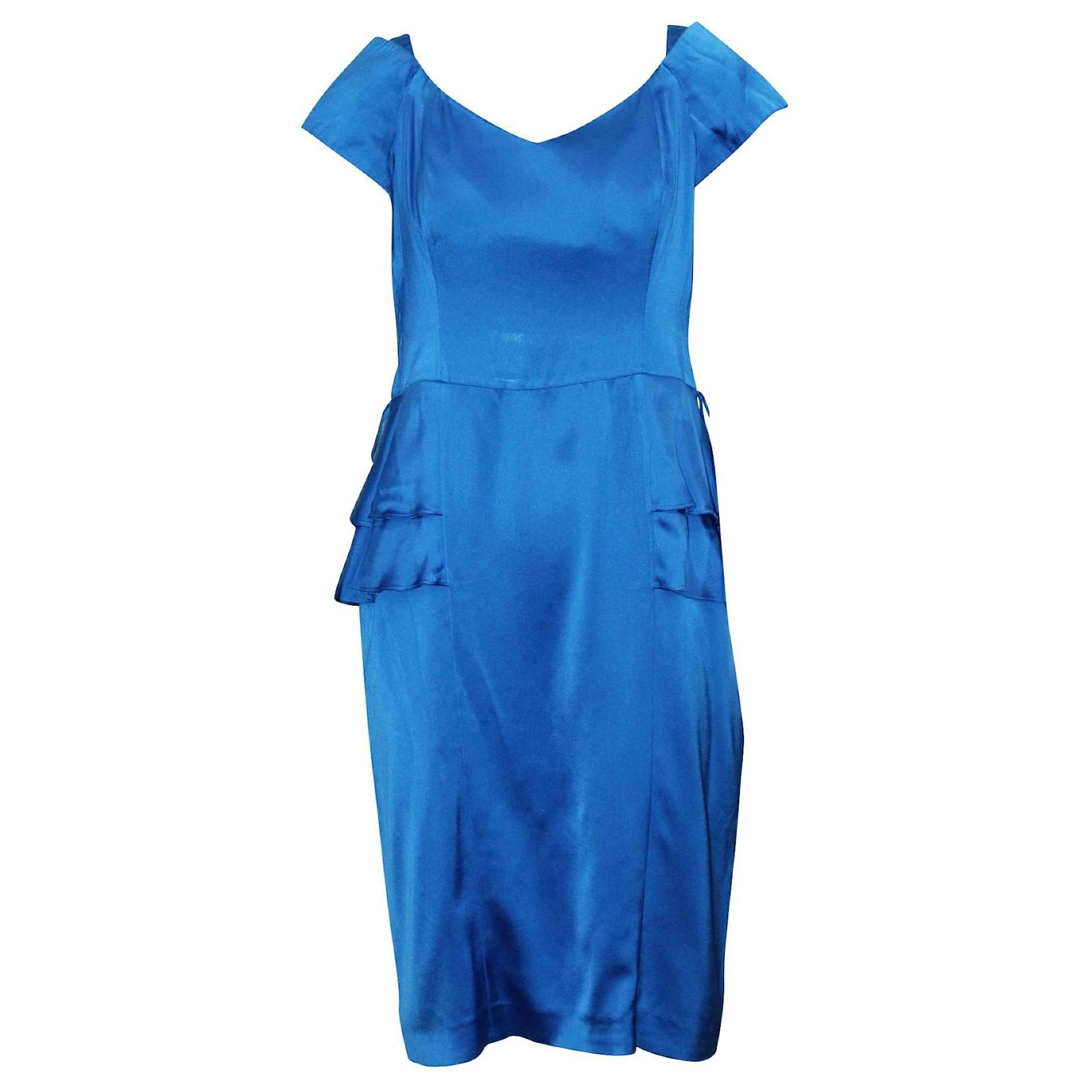 Reiss Blue Satin Dress with Delicate V neckline Acetate Cellulose