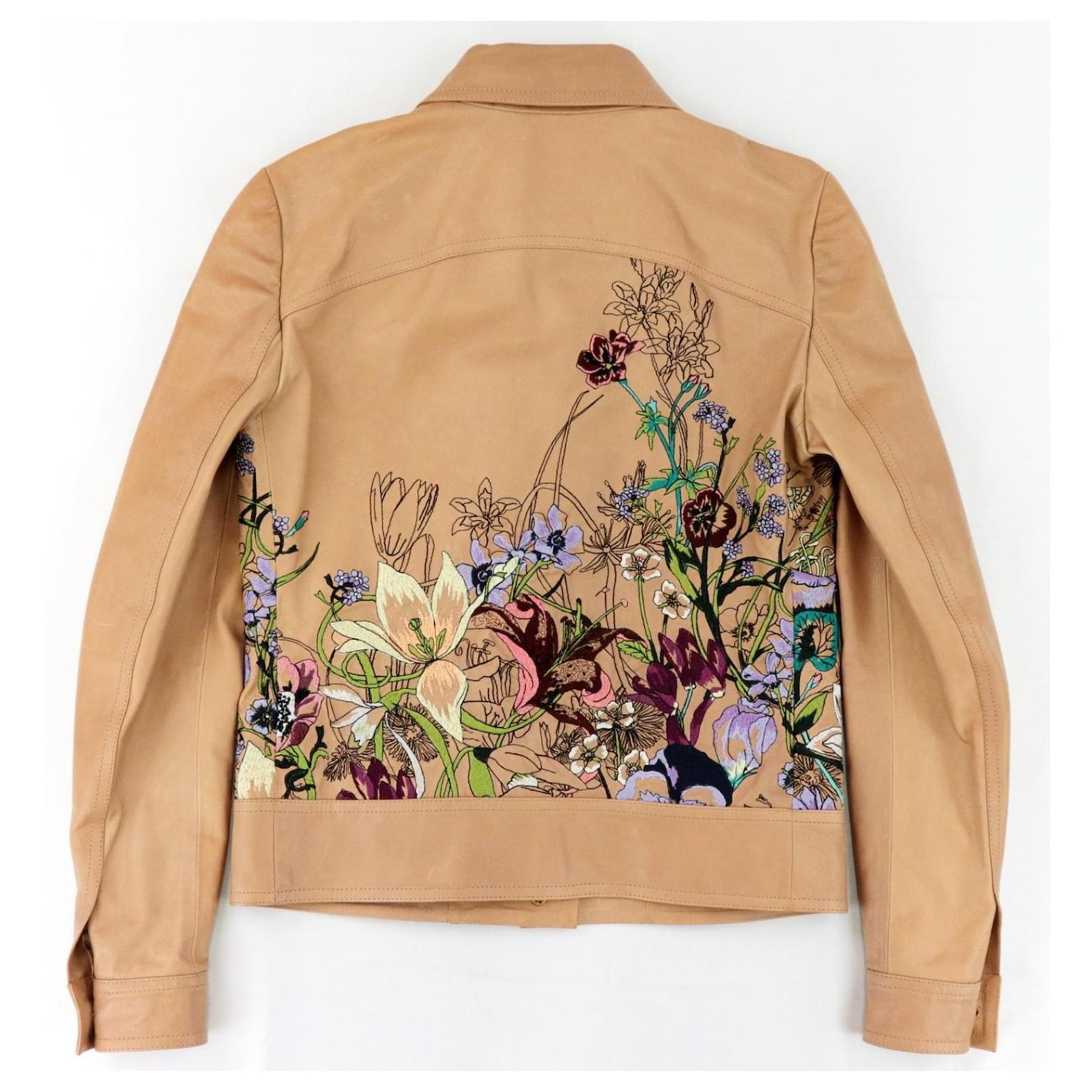 Gucci Flower Leather Jacket Flower Embroidered Beige - Joli