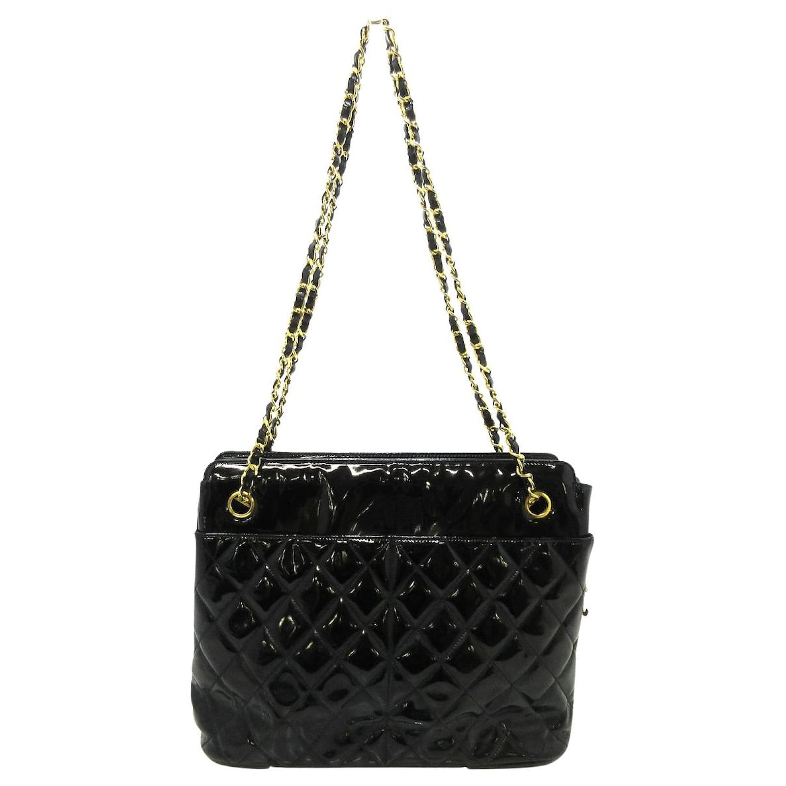 Chanel Vintage - Patent Leather Chain Tote Bag - Black - Patent