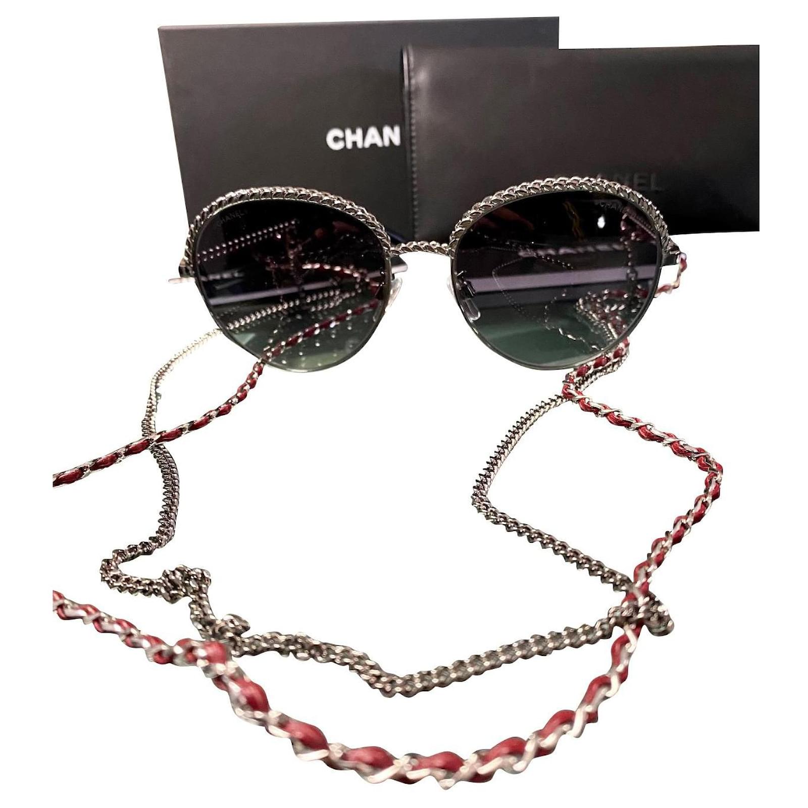 Chanel pantos double chain sunglasses Silvery Grey Dark red Metal