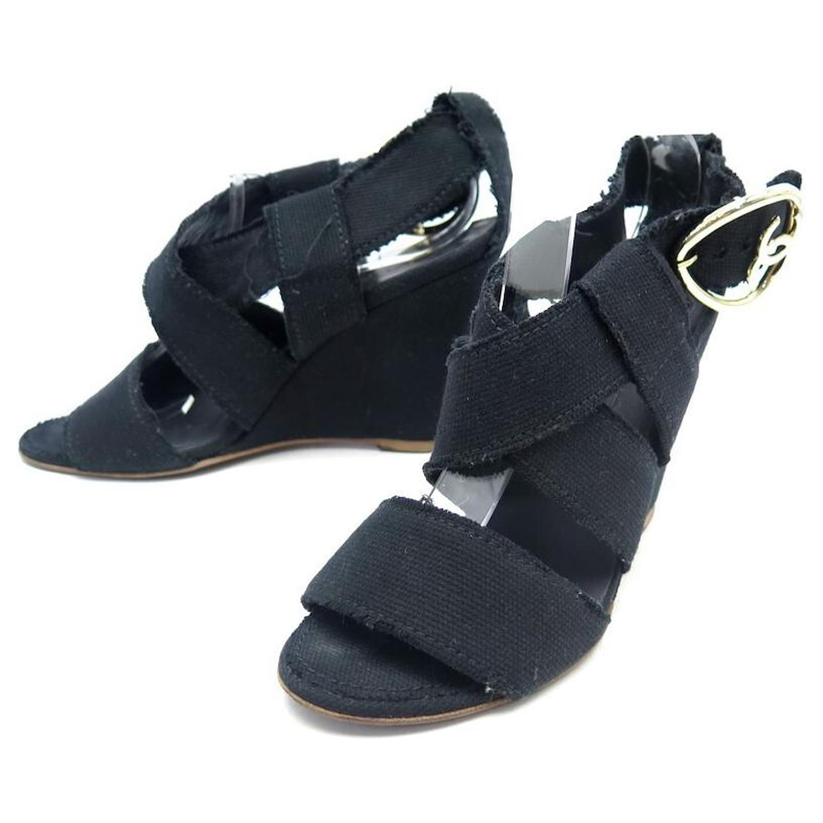 CHANEL Black Sandal Wedge Heels