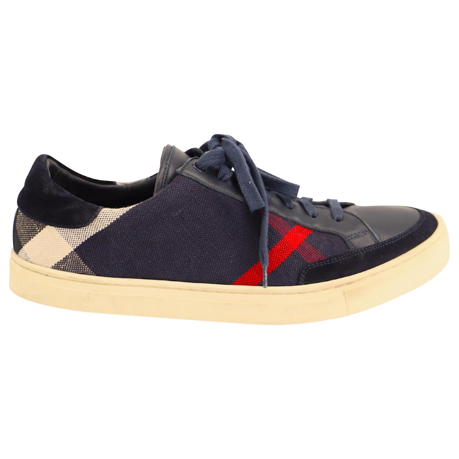 Burberry Men's Check Low Top Sneakers in Navy Blue Leather  -  Joli Closet