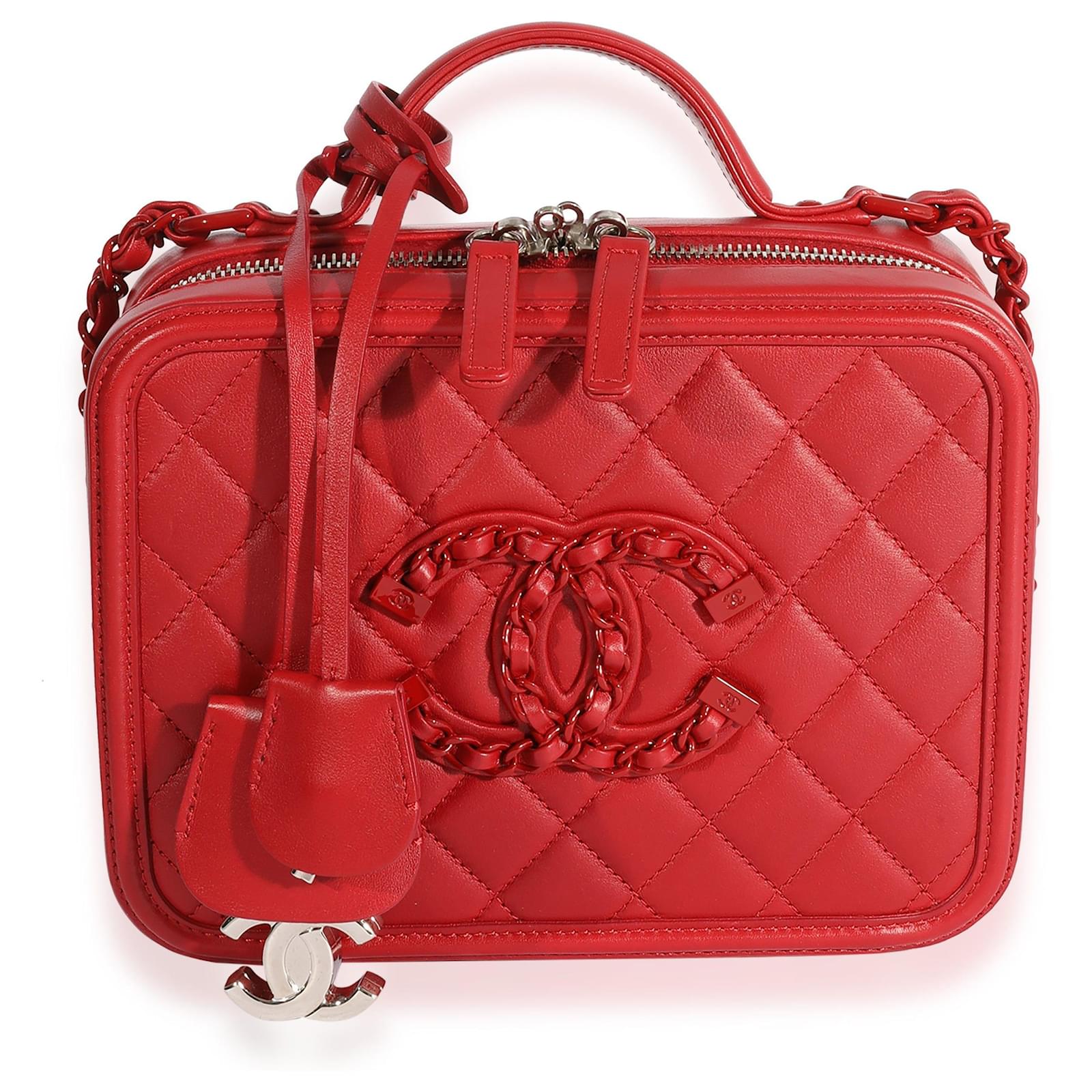 Chanel Red Quilted Lambskin Medium Filigree Vanity Case Leather