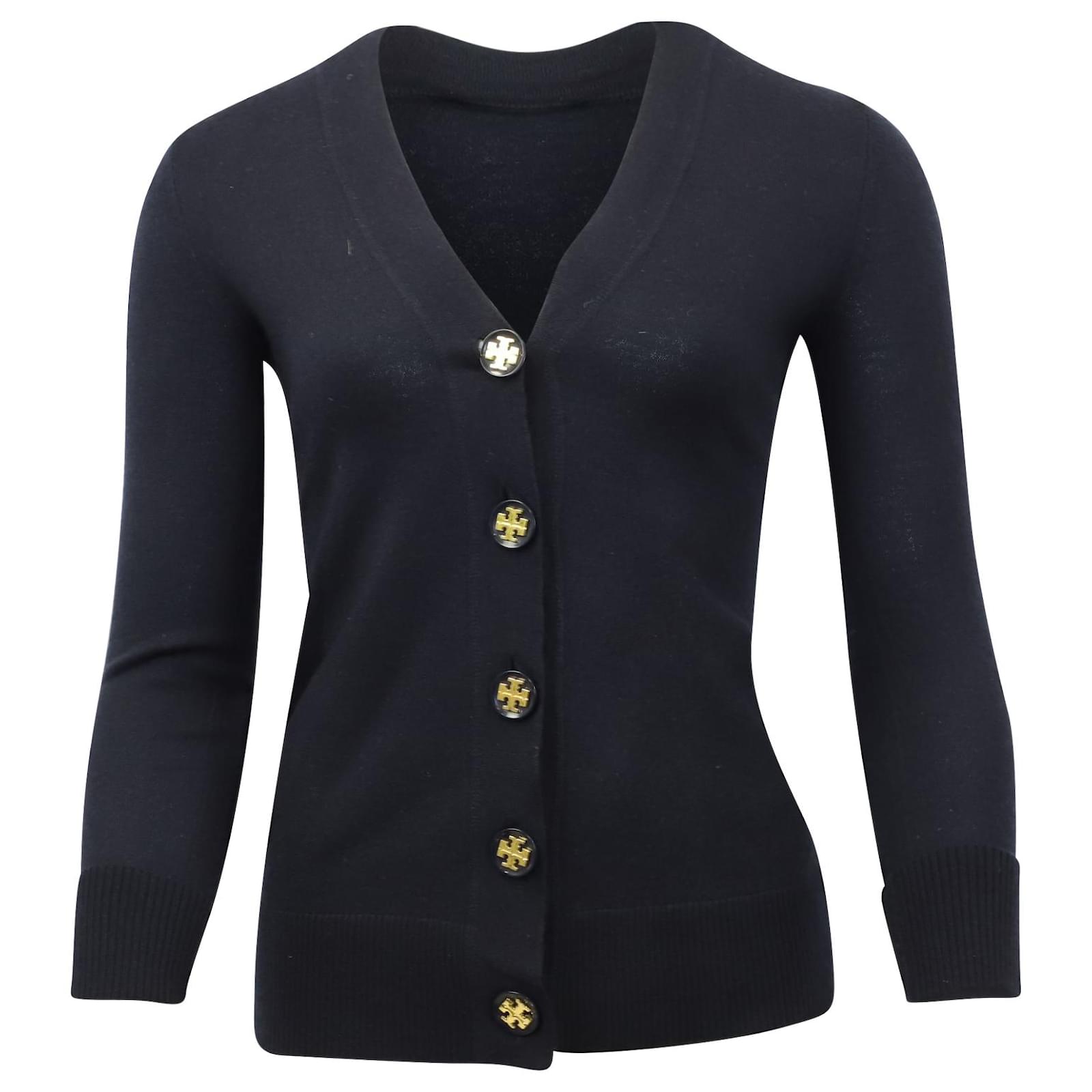 Tory Burch Simone Button Front Cardigan in Navy Blue Wool  - Joli  Closet