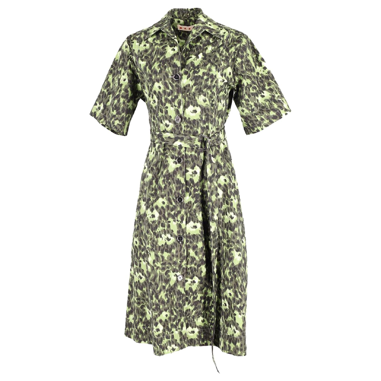 Marni Floral Print Shirt Dress in Green Cotton Joli