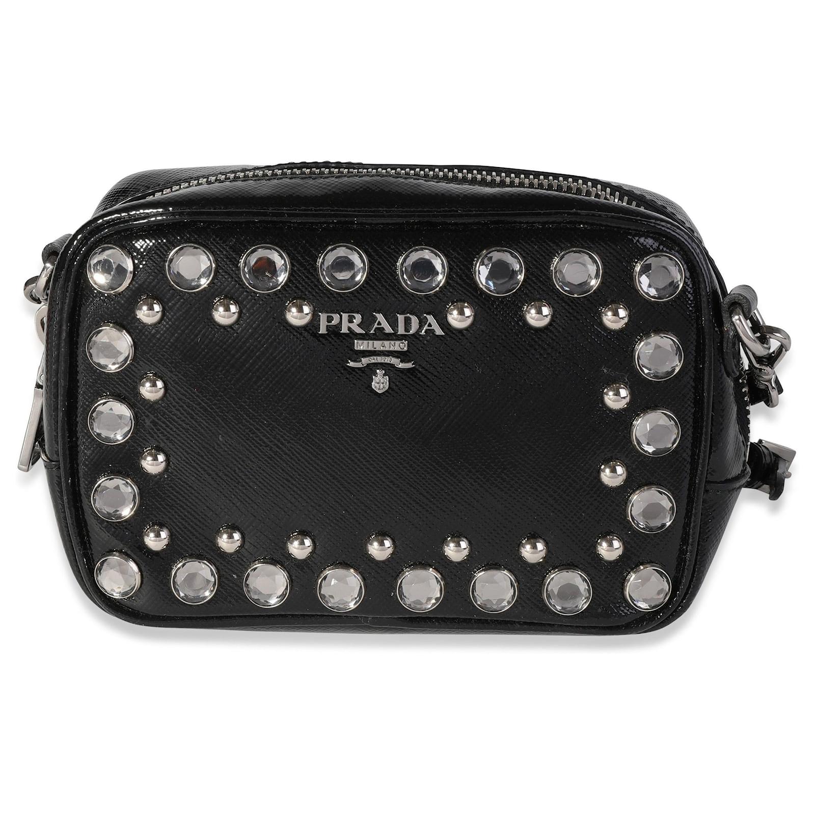 Prada Black Crystal-embellished Patent Saffiano Leather Mini Camera Bag  ref.620297 - Joli Closet