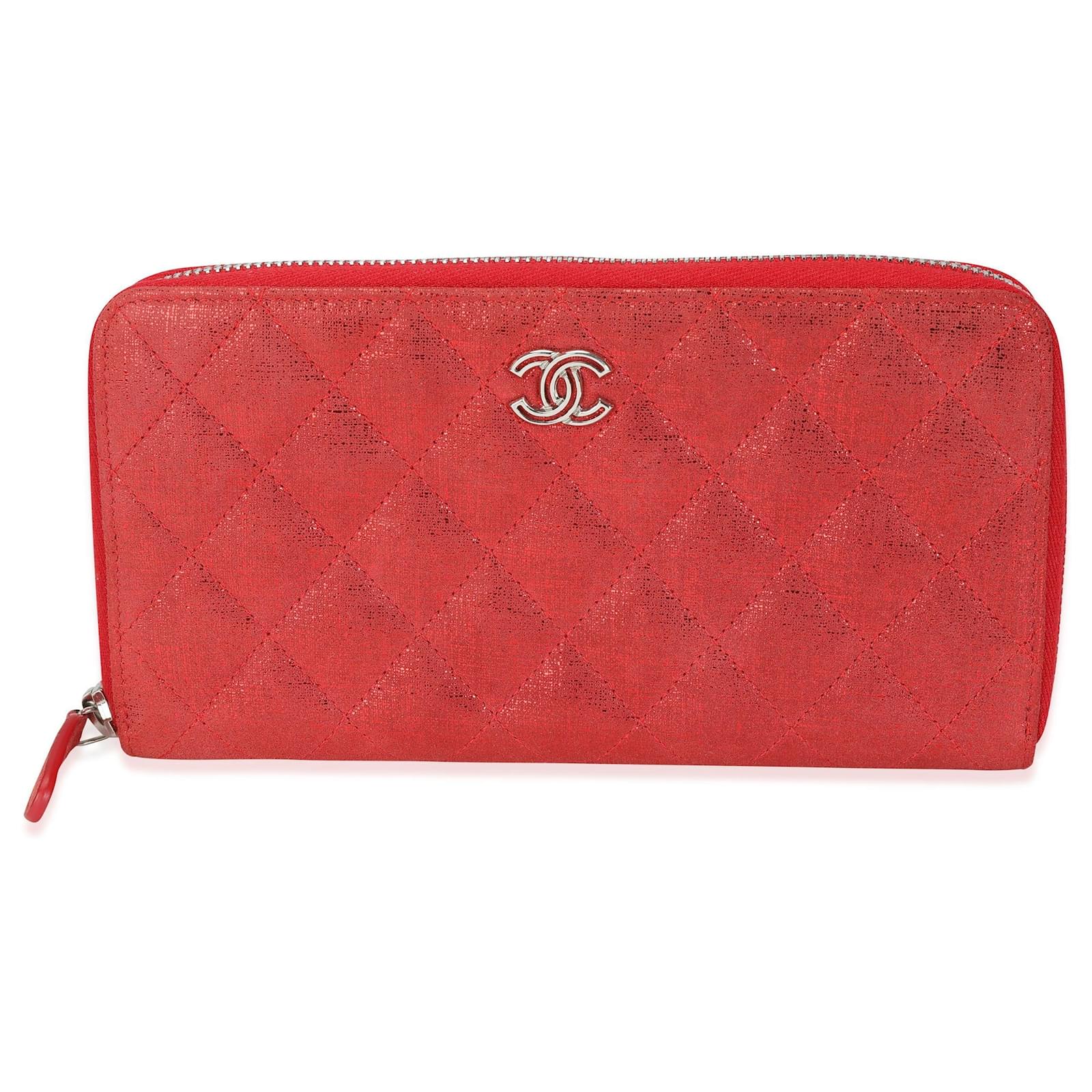 Chanel Metallic Red Nubuck Quilted L-gusset Zip-around Wallet ref