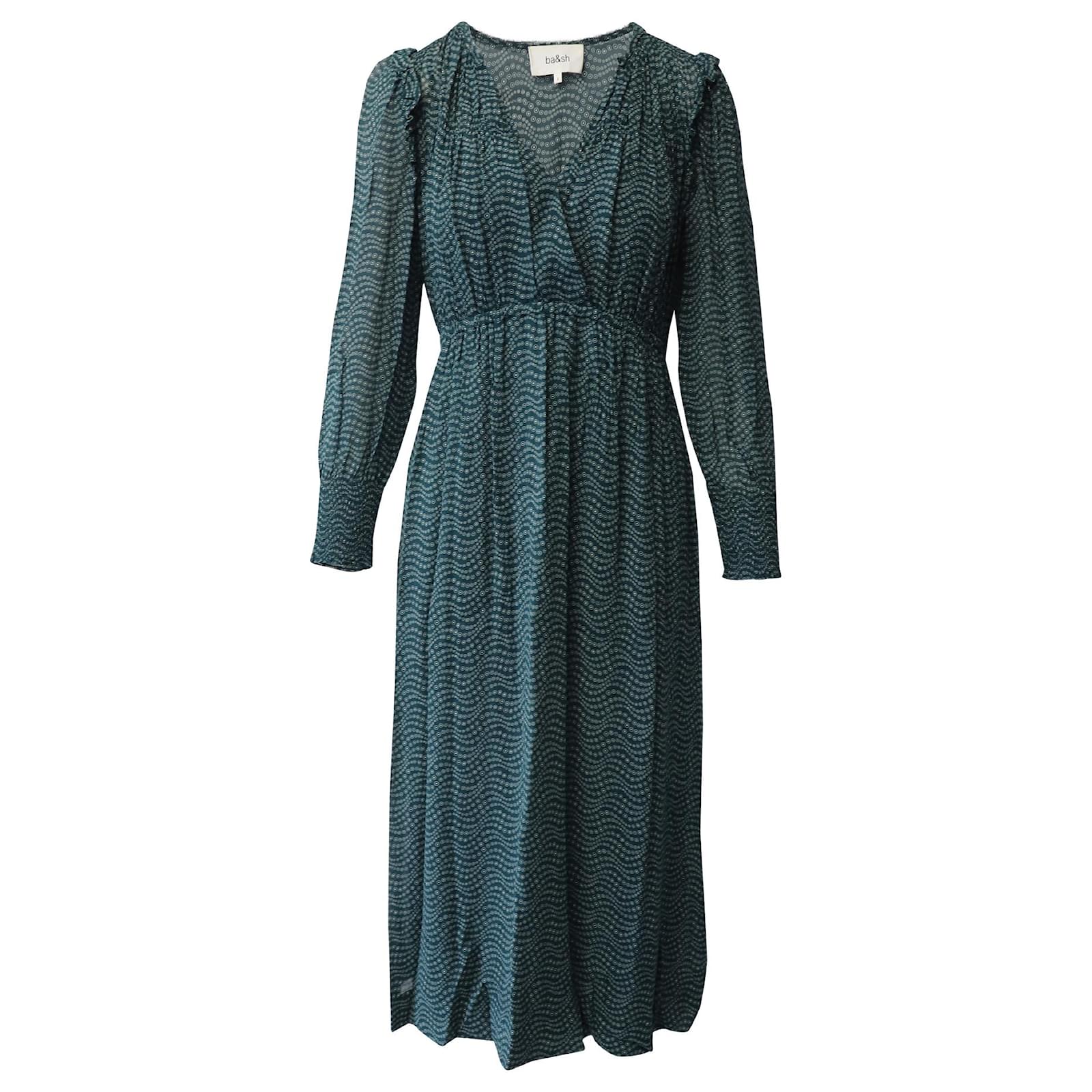Ba&Sh Long Sleeve Printed Midi Dress in Green Viscose (Sold) - Joli Closet