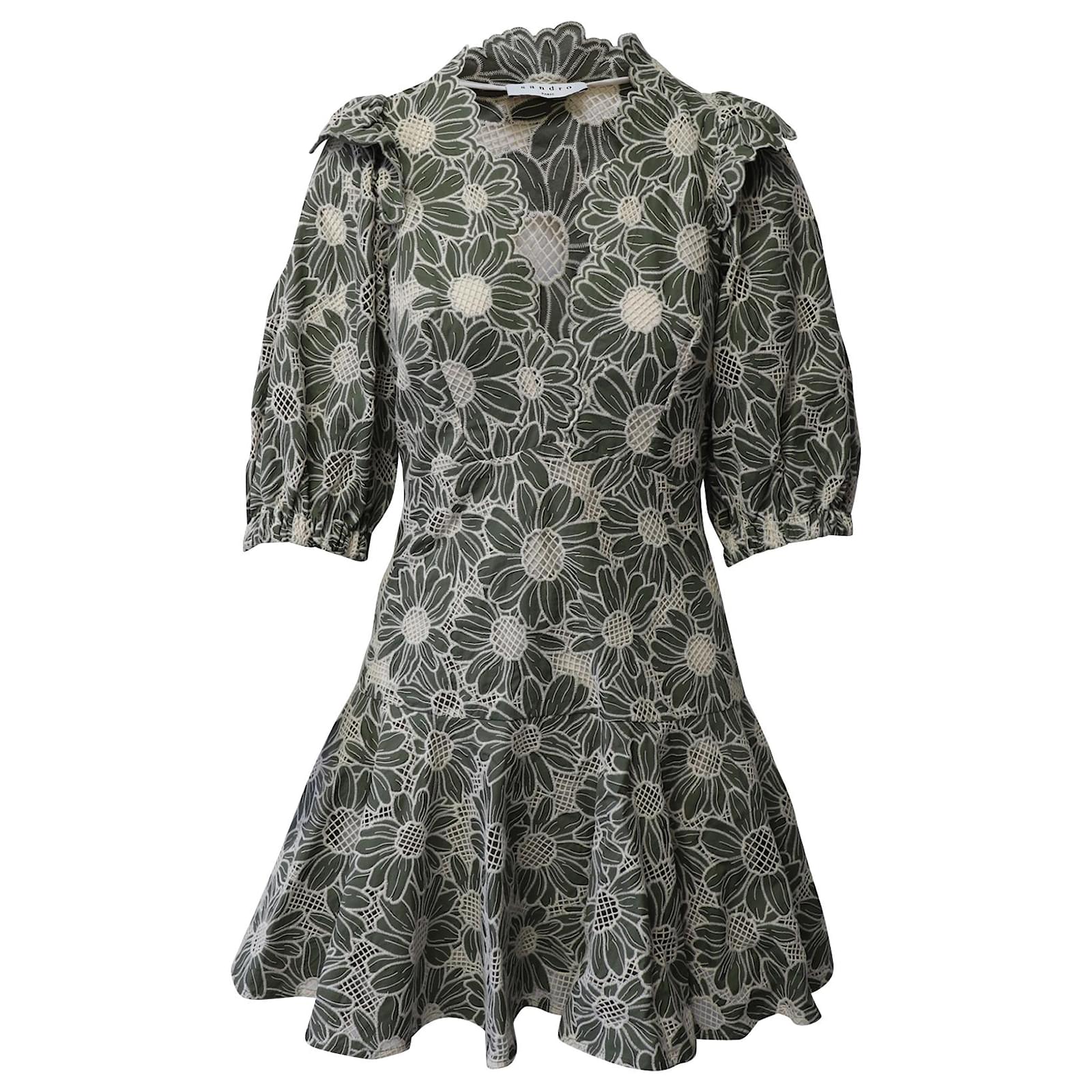 sandro audrey embroidered cotton lace dress Sandro Audrey Gathered Embroidered Cotton Mini Dress Blue Fr 40 In Slate Blue - 50% Off