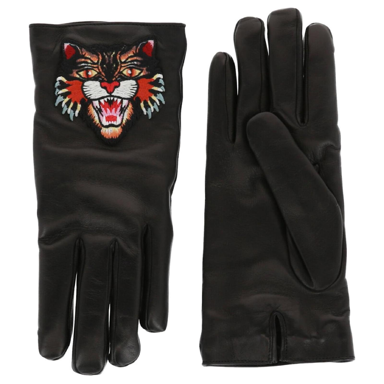 Paire De Gants Anciens Cuir Brodés Guirlande De Fleurs