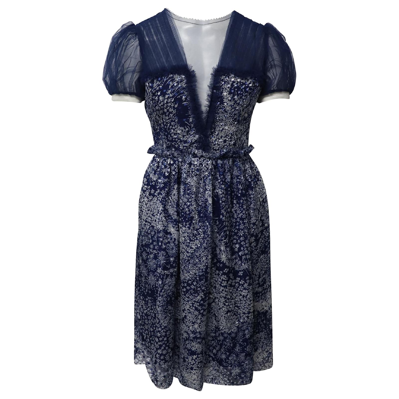Rodarte Puff Sleeve Knee Length Printed Dress in Blue Silk ref.625506 -  Joli Closet
