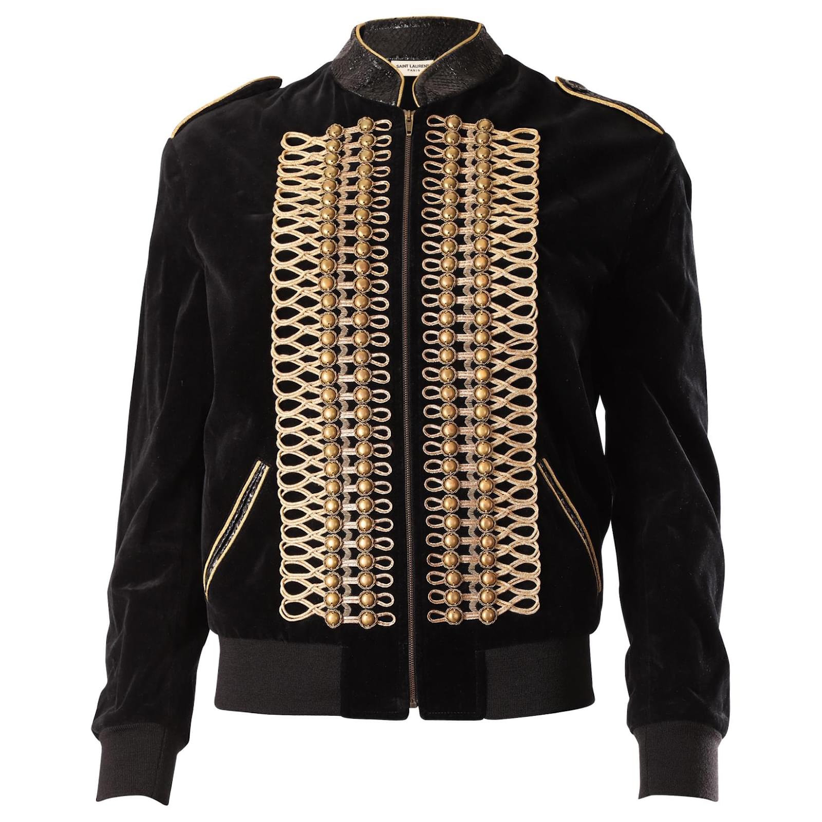 Saint Laurent Palladium Officer Gold Embodied Jacket in Black Cotton ...