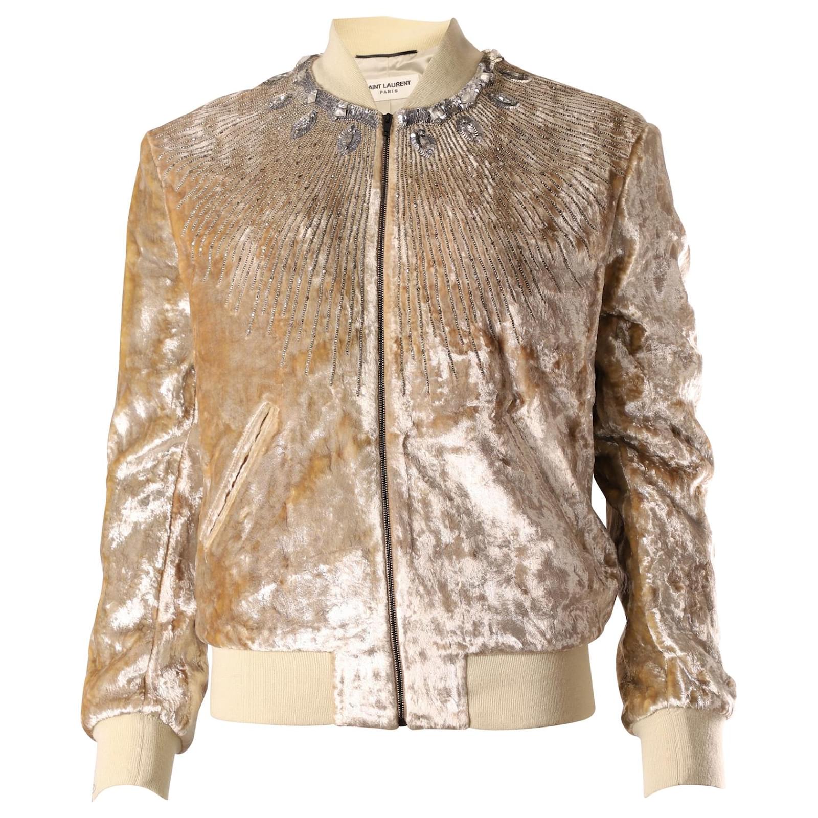 Saint Laurent Sequin-Embellished Velvet Bomber Jacket in Gold Cotton ...