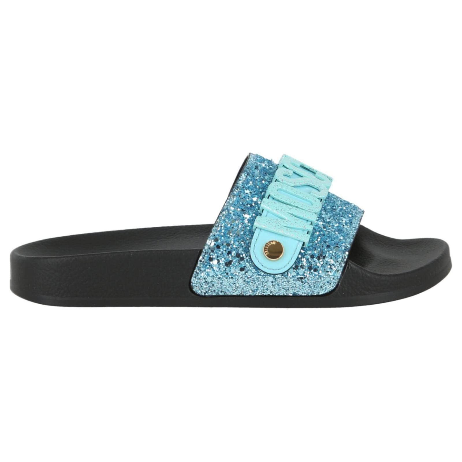 Moschino Glitter Lettering Logo Slides Blue ref.626159 - Joli Closet