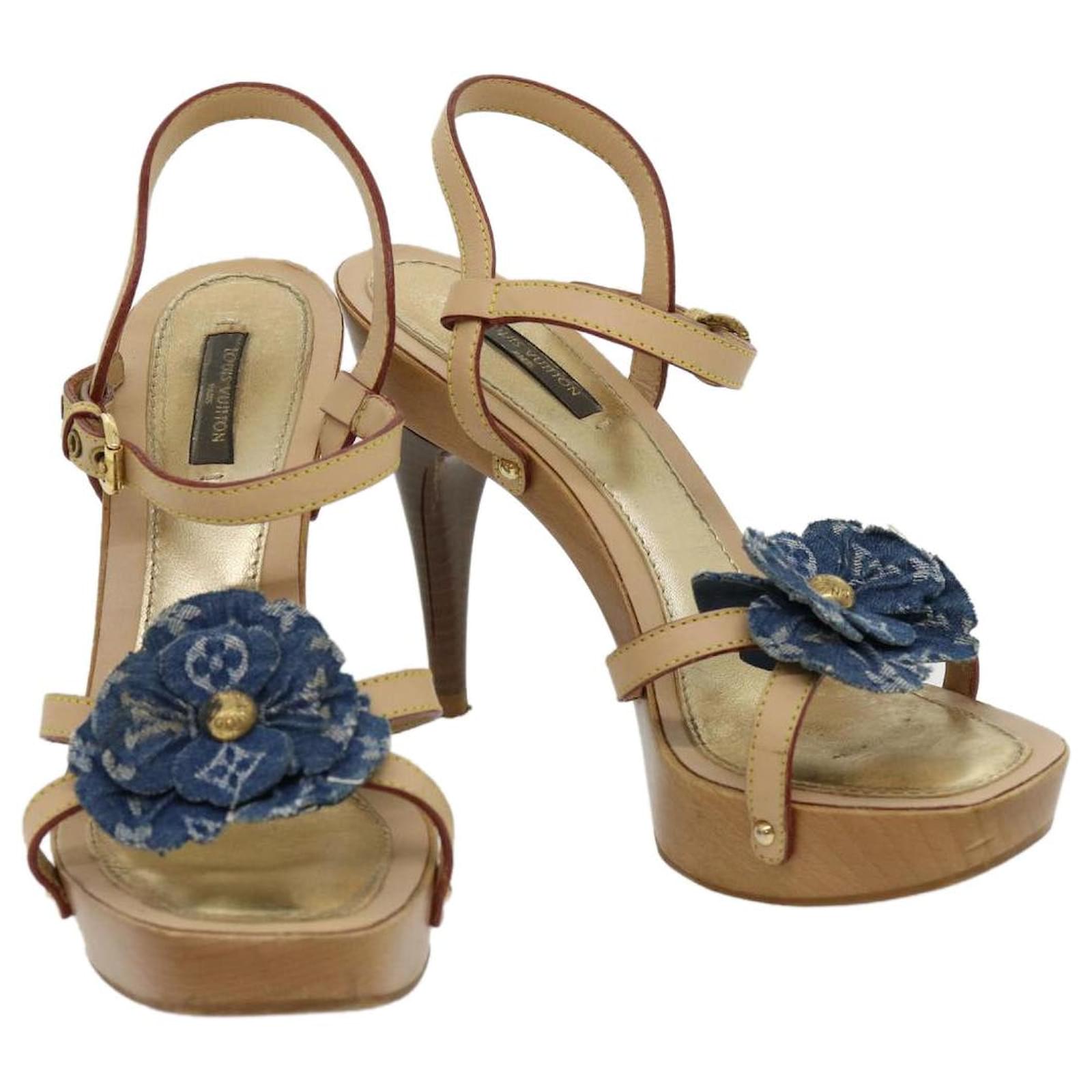 LOUIS VUITTON Denim Flower High heels Brown Gold LV Auth kk133