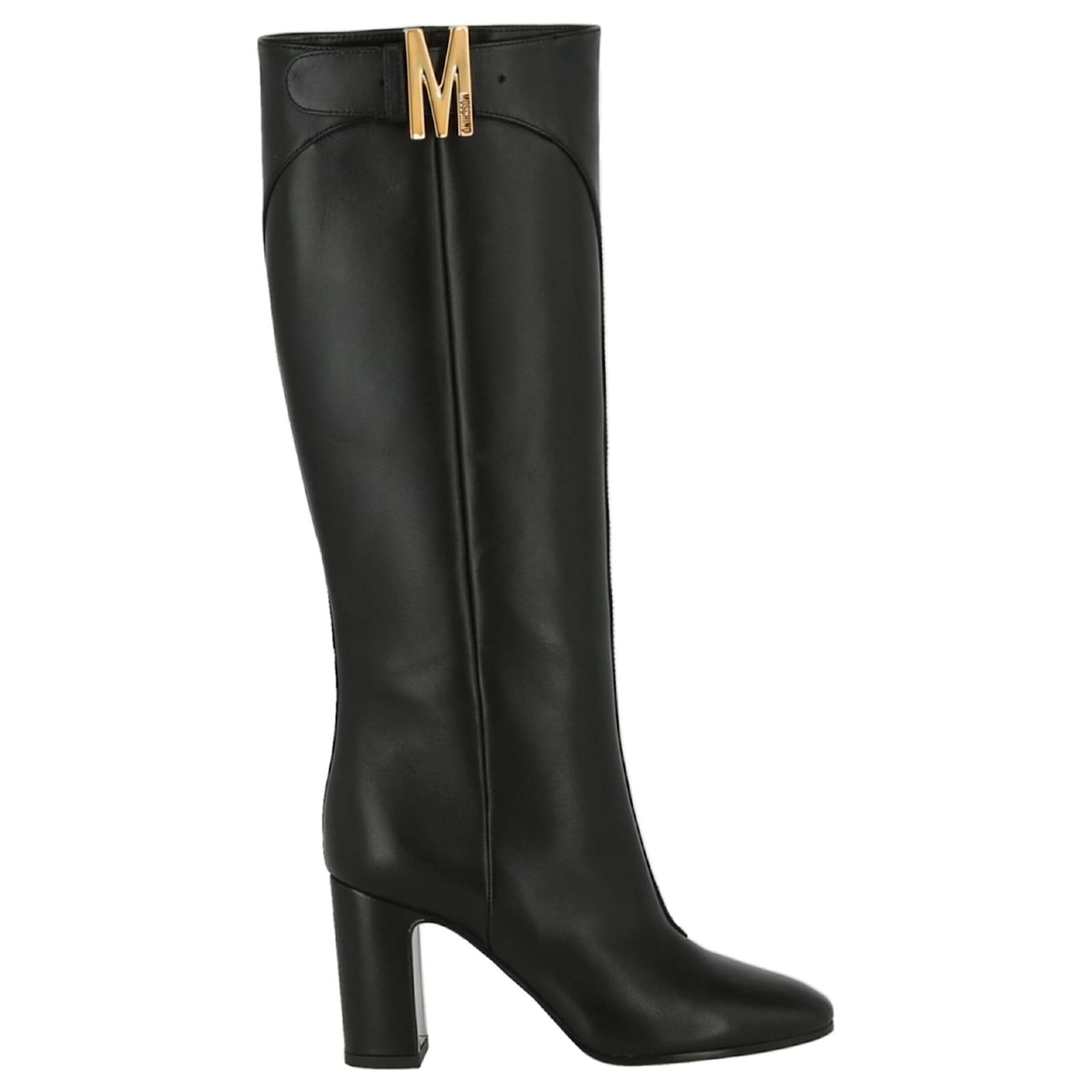 Moschino Tall M-Logo Leather Boots Black ref.627807 - Joli Closet