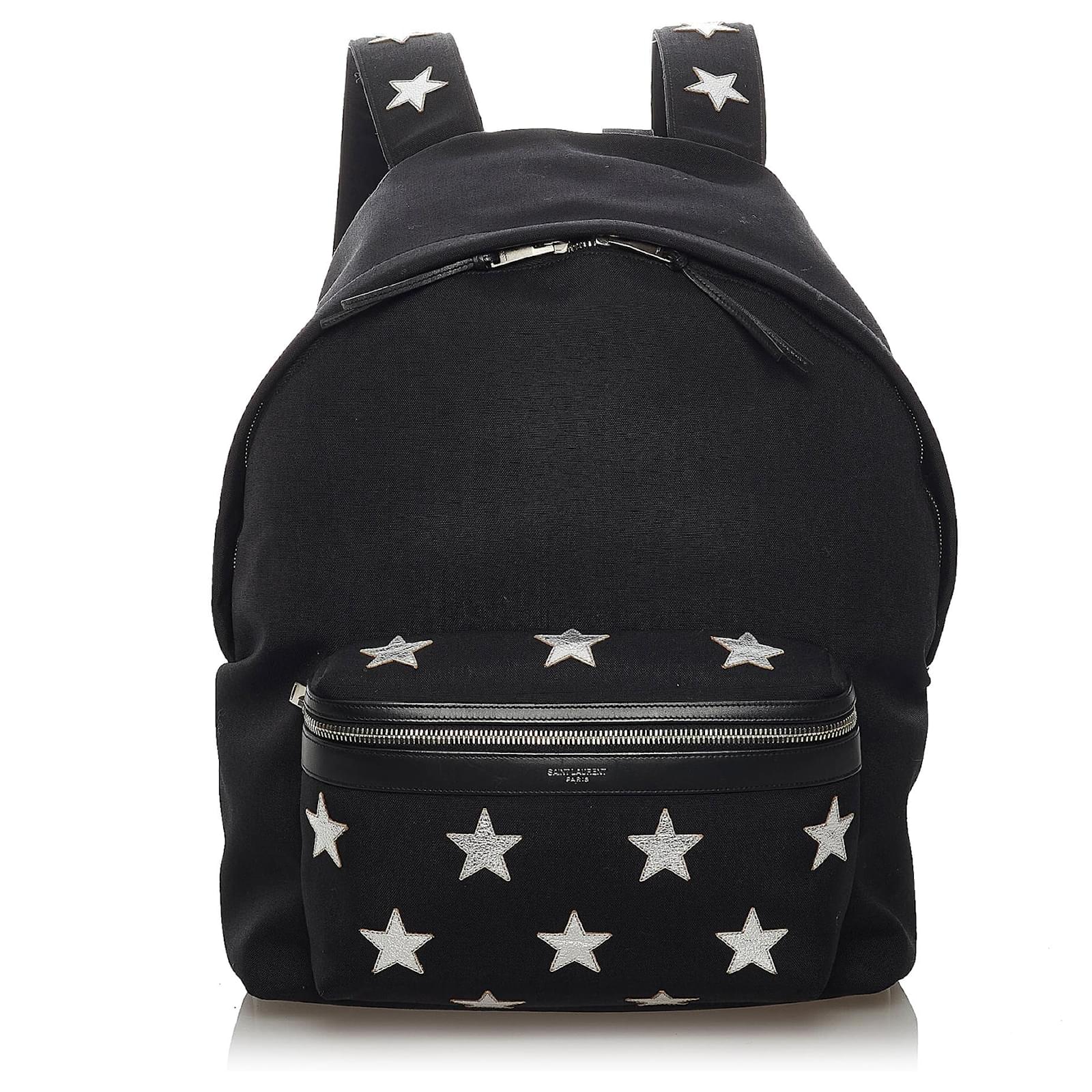Yves Saint Laurent YSL Black City Star Canvas Backpack White Leather