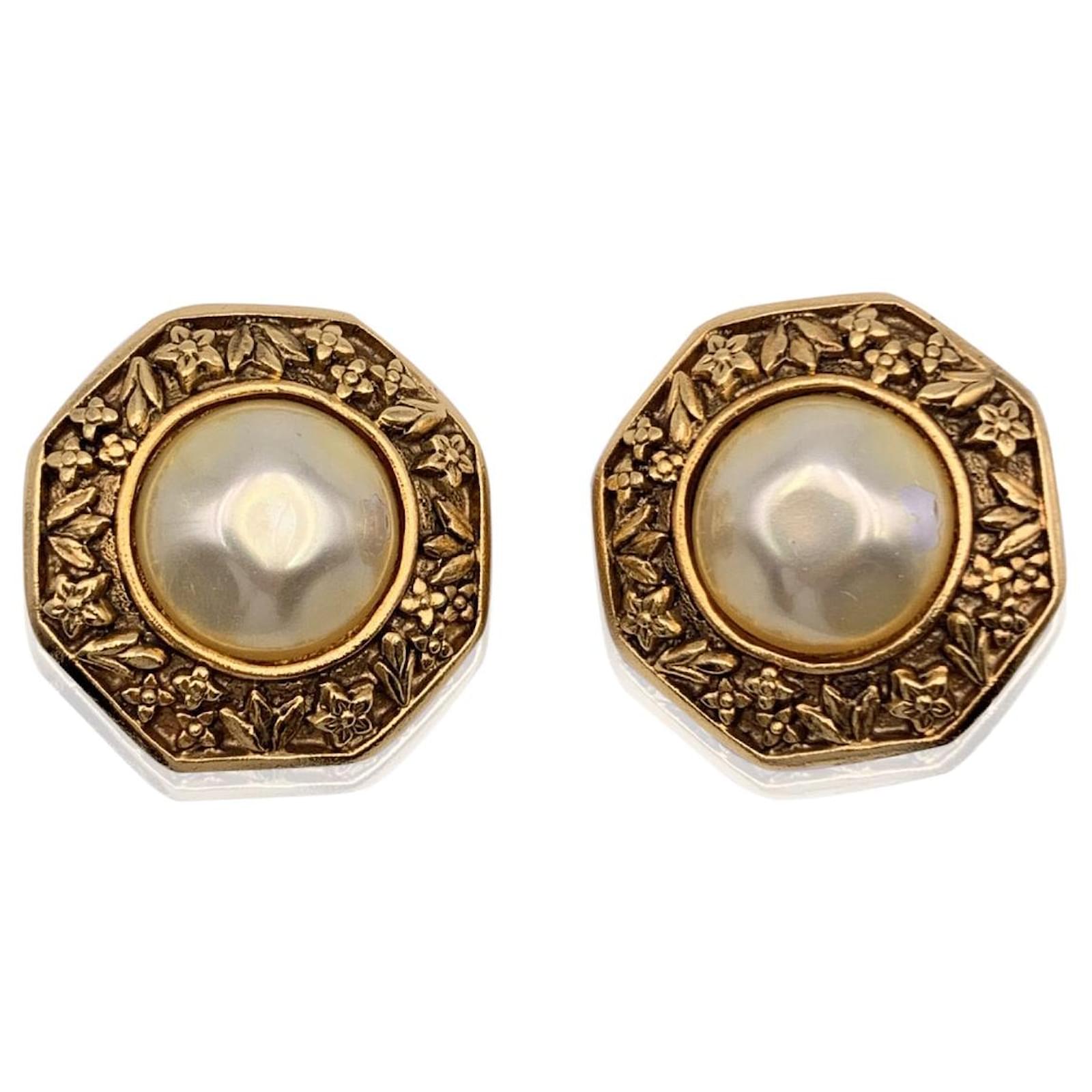 Chanel Vintage Gold Metal and Faux Pearls Floral Clip On Earrings ...