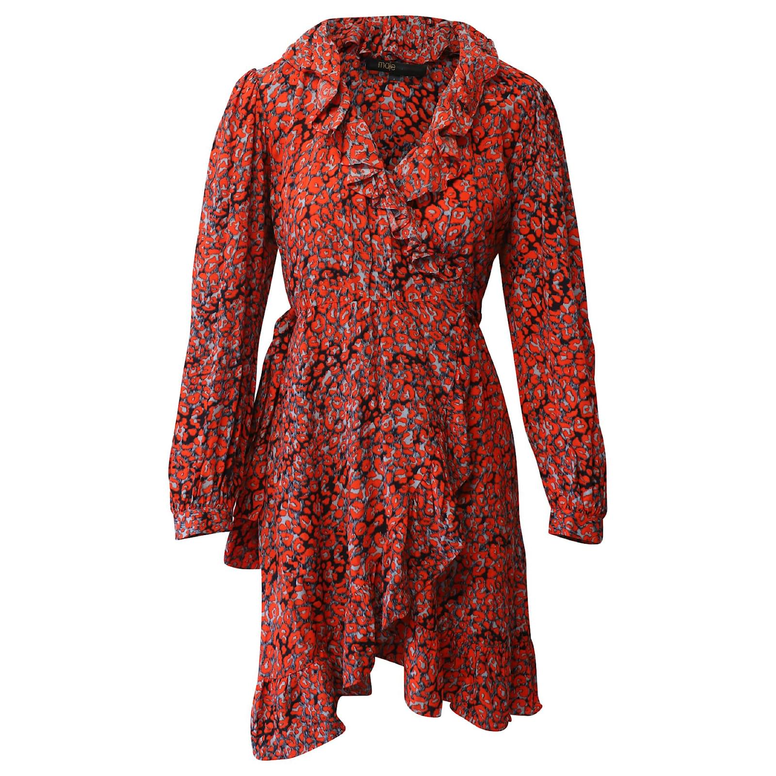 VESTIDO ENVOLVENTE MAJE ROSETTO LEOPARD EN VISCOSA ROJO Roja Fibra