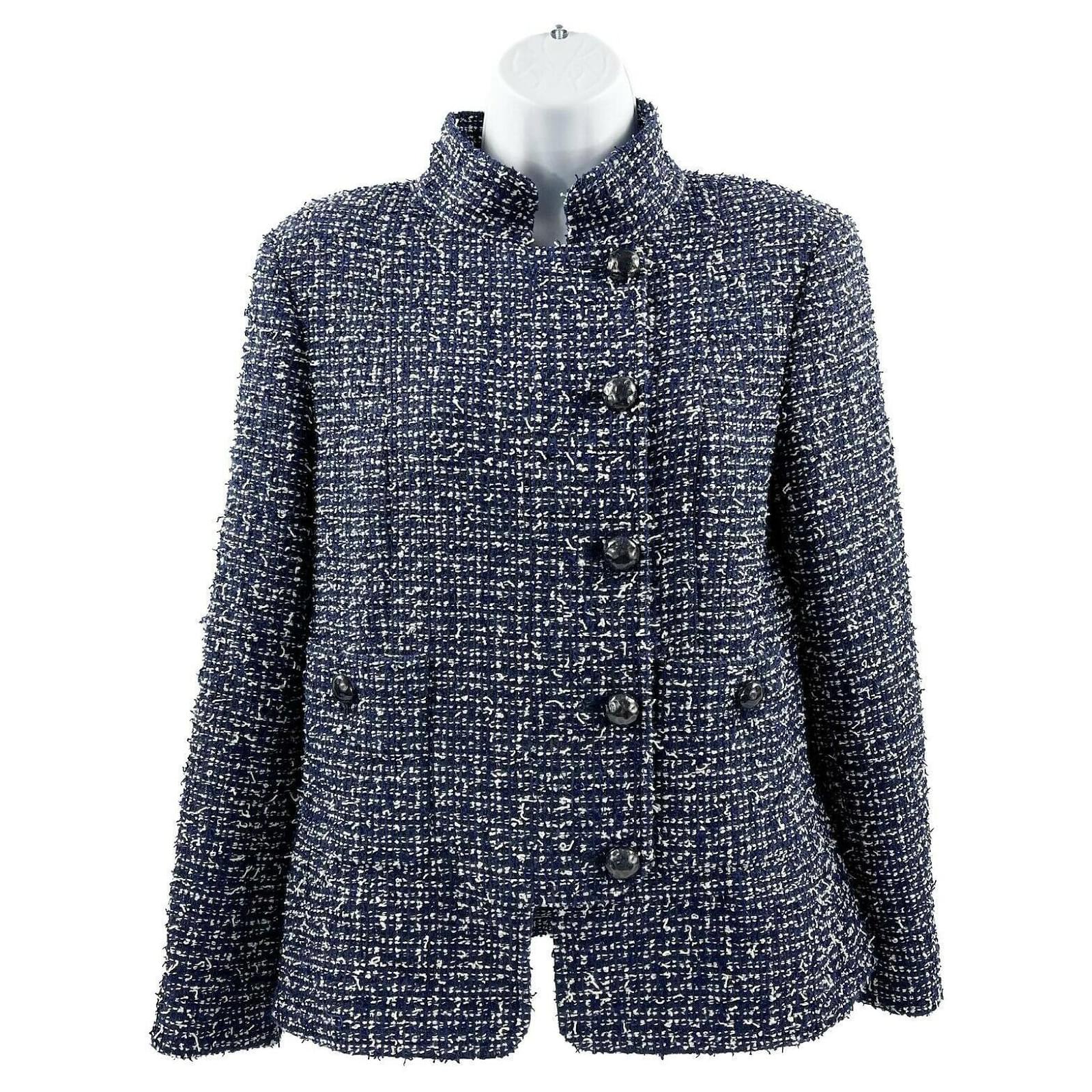 CHANEL Tweed Military Collar Jacket Blue / White Navy blue