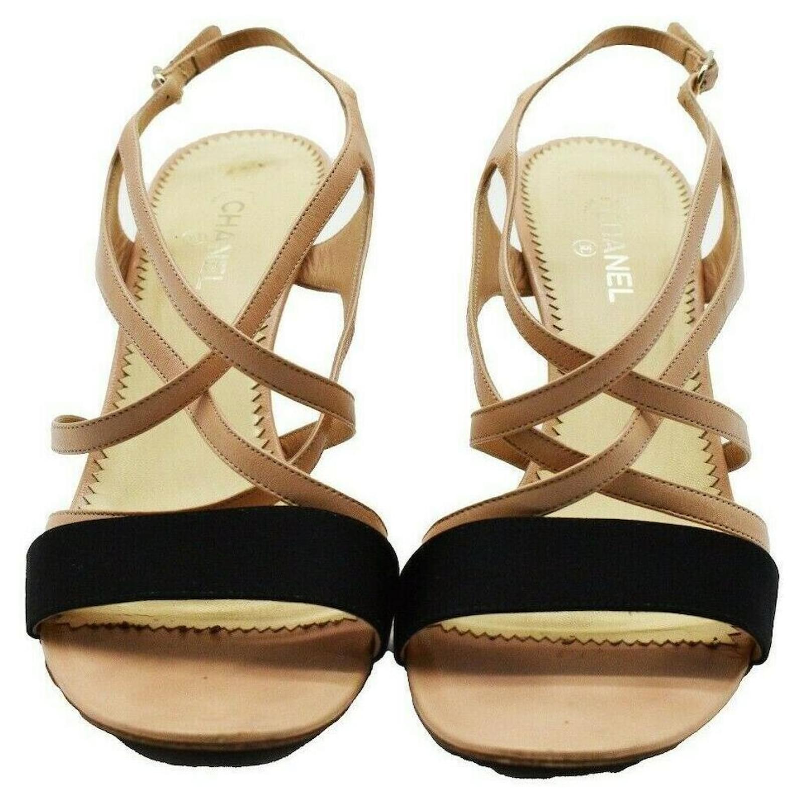 Chanel - Strappy Sandal Open Toe Heels - Satin Beige Black - CC