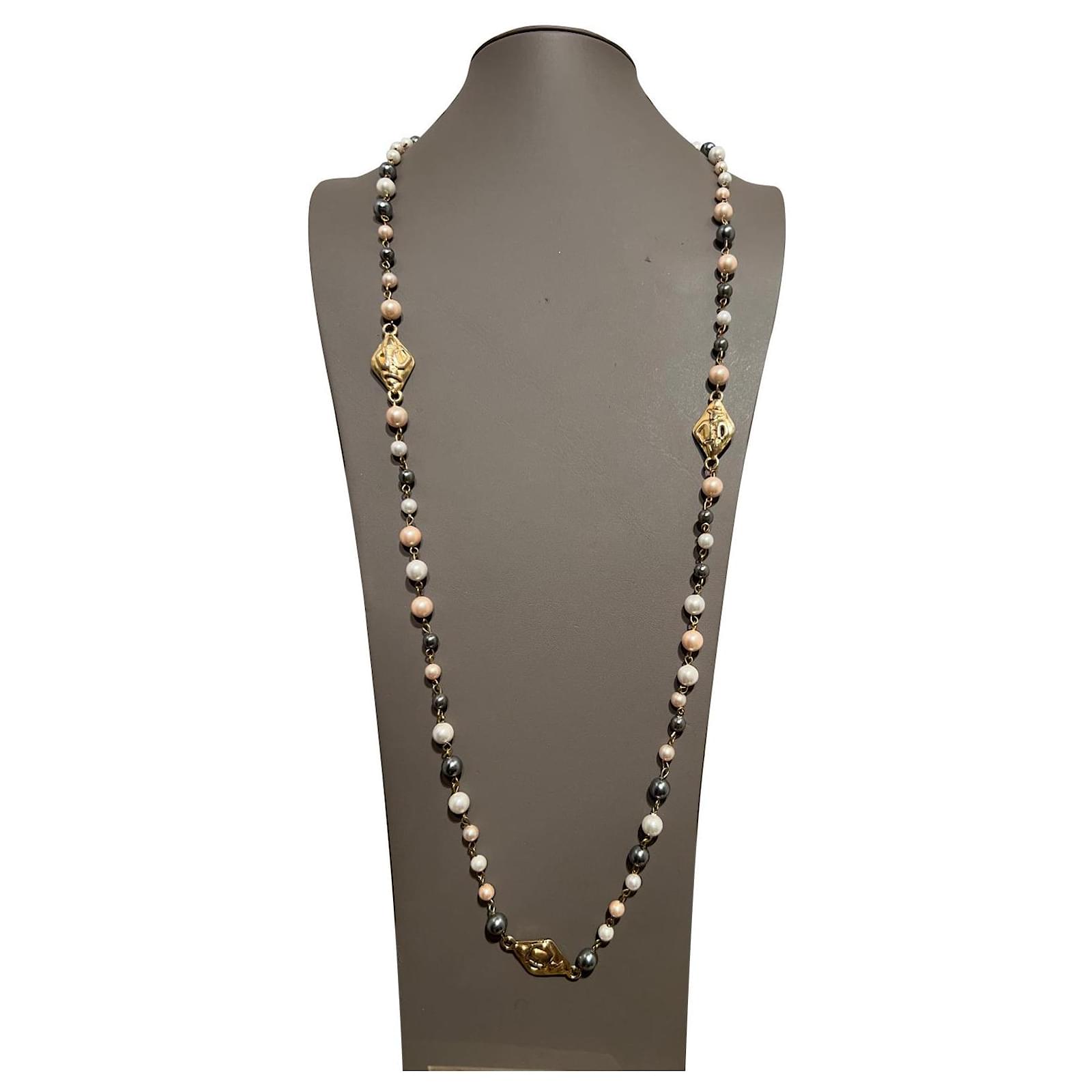 Chanel Long necklaces Pink Multiple colors Grey Gold hardware Pearl  ref.630671 - Joli Closet
