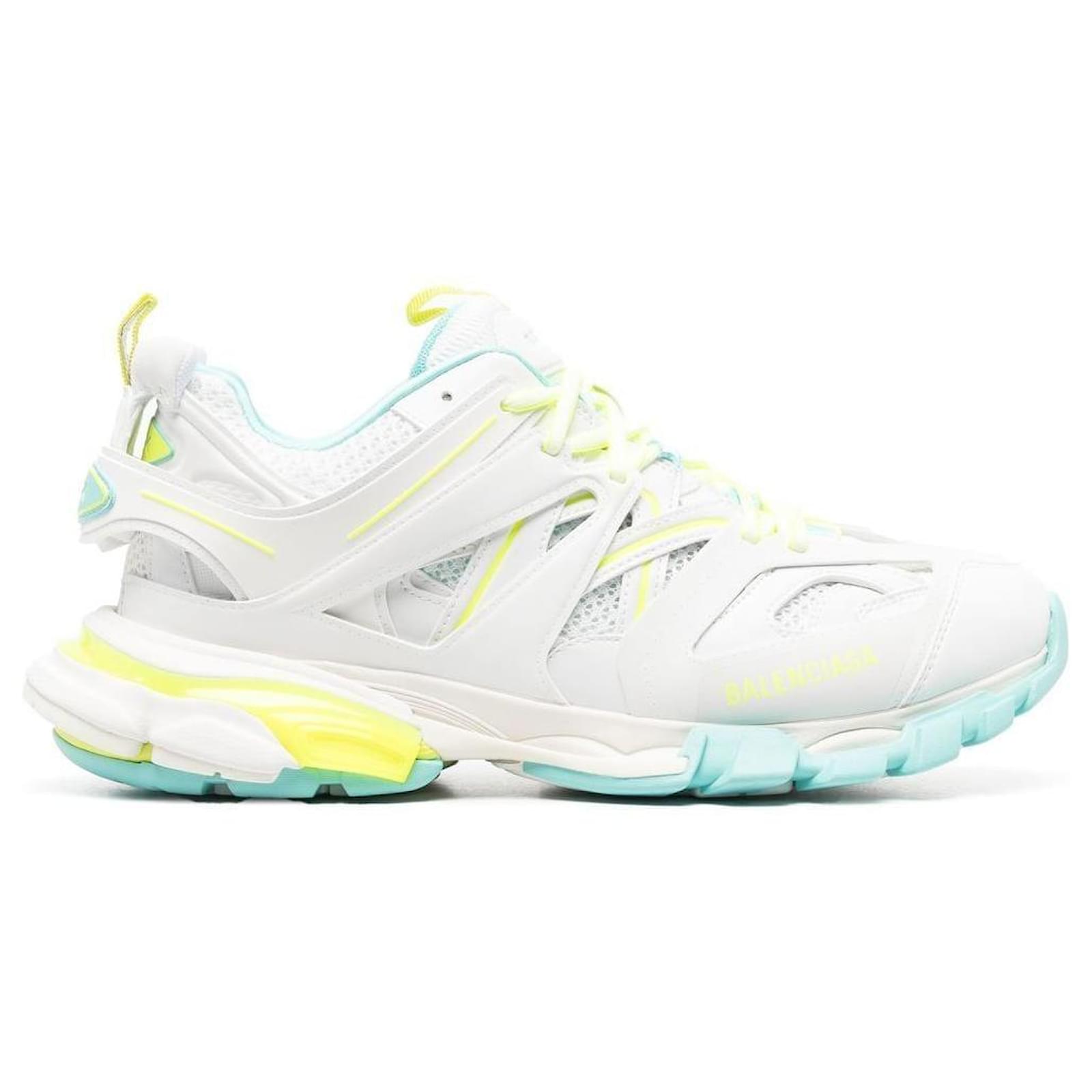 Balenciaga Sneaker Track blanche, jaune fluo et bleu clair en
