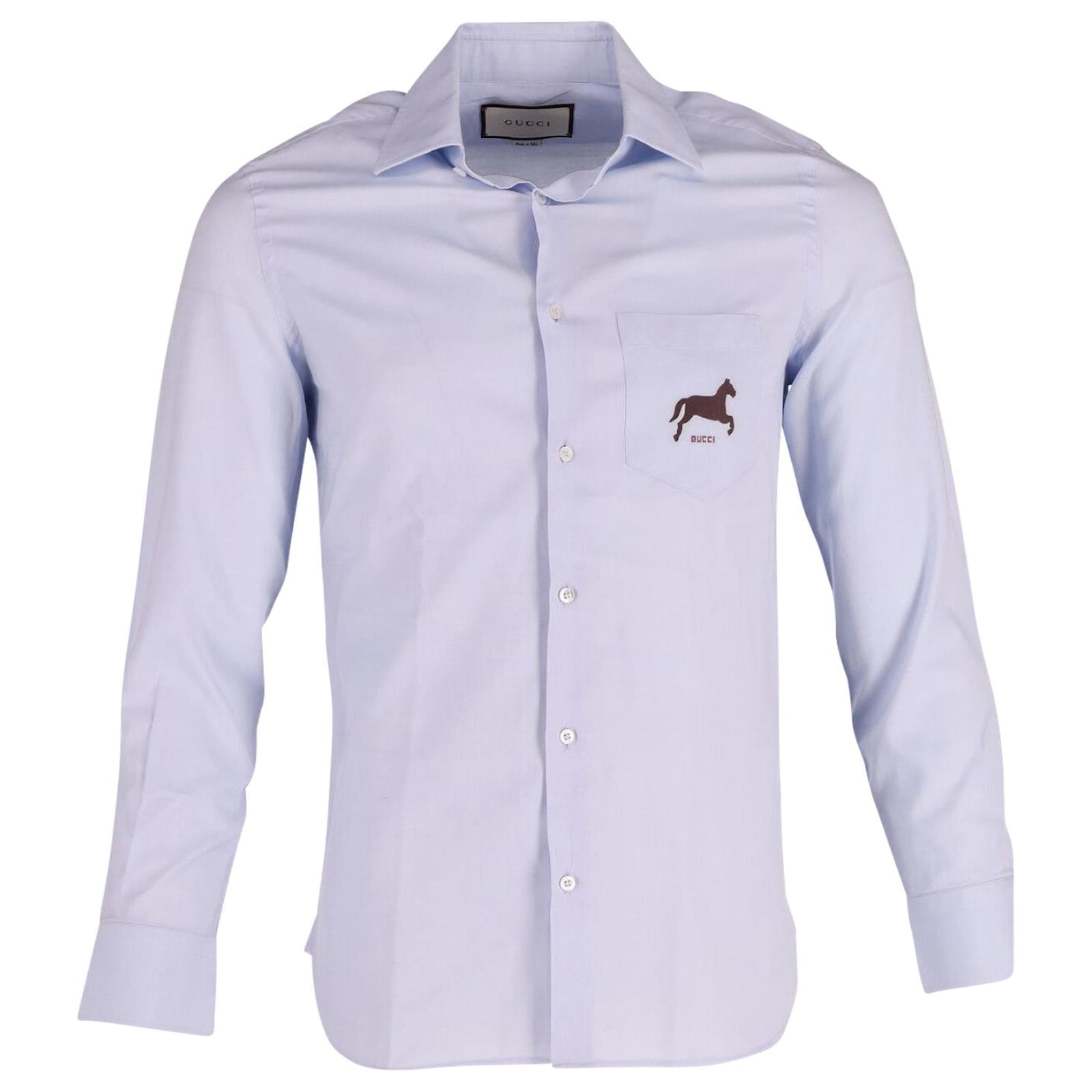 Camisa de manga larga con botones en la parte delantera en algodón azul claro con logo de Gucci Horse ref.630958 - Joli