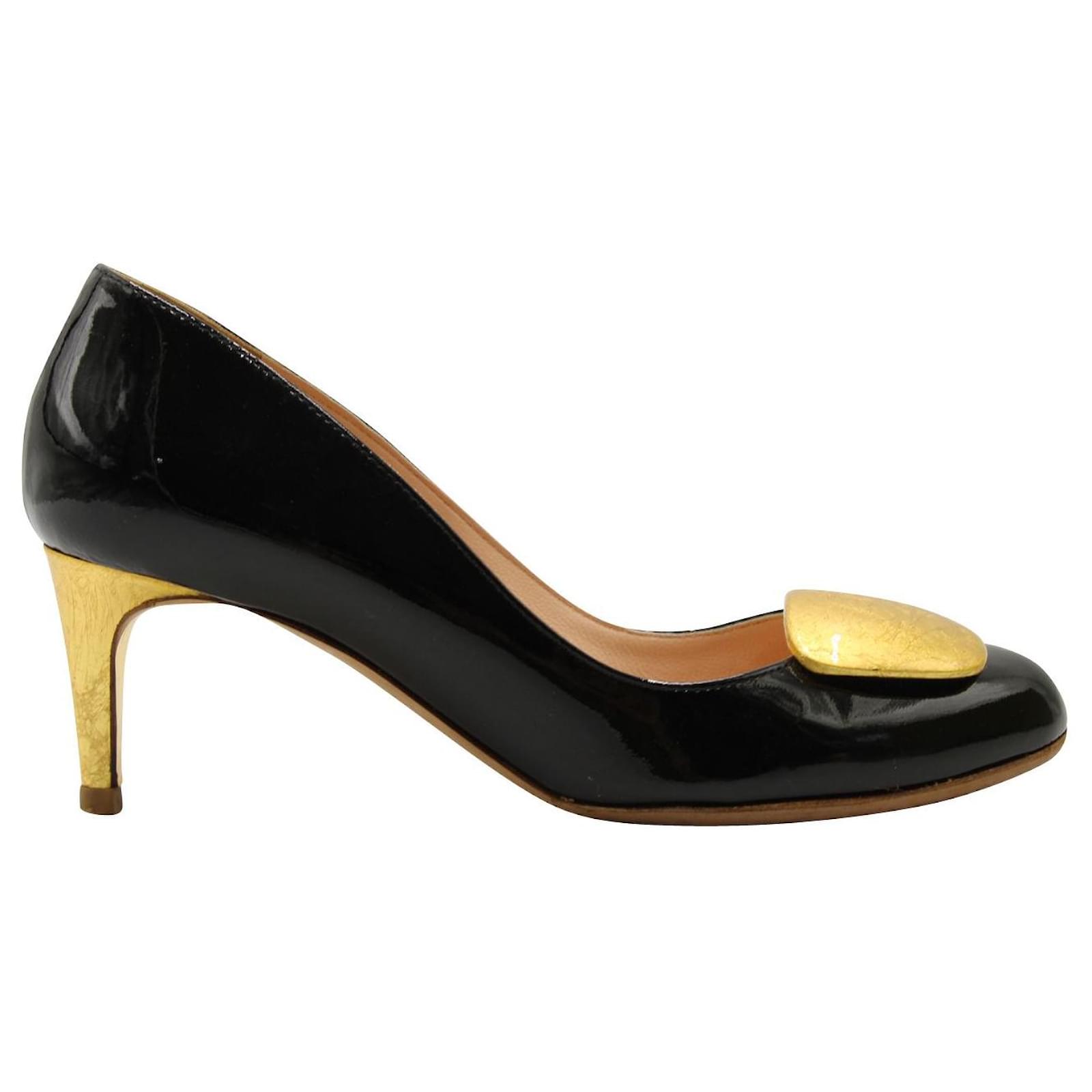 Rupert Sanderson Black Patent Leather Round Toe Low Heels Golden