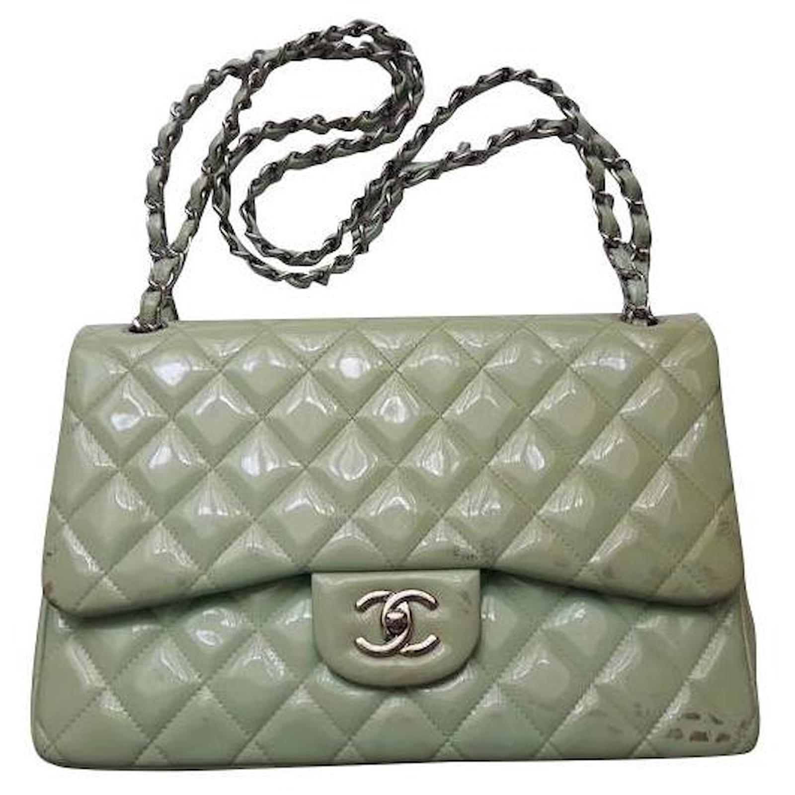 Chanel Maxi Single Flap, Patent leather, Green SHW - Laulay Luxury