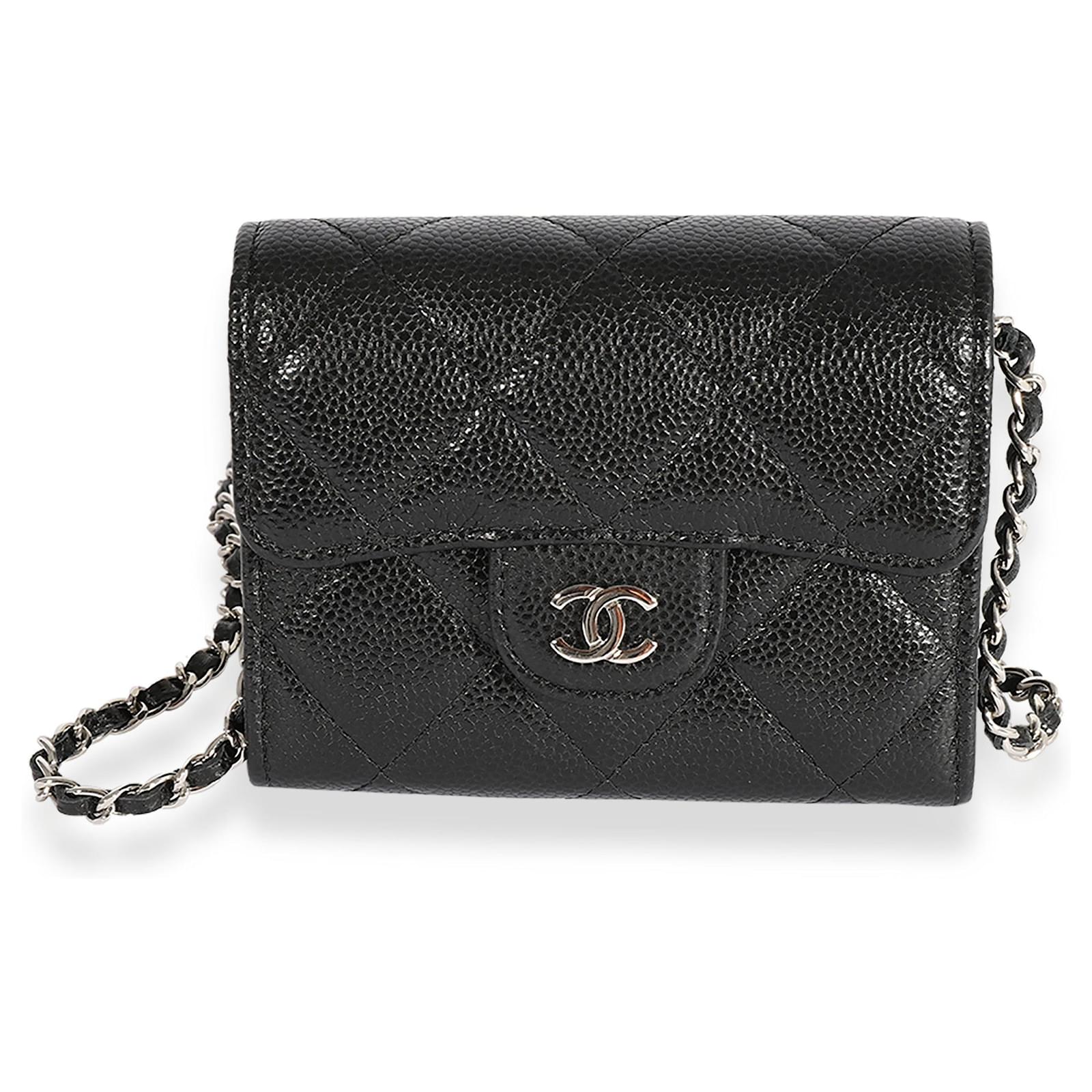 Chanel Black Quilted Caviar Mini Flap Card Holder On Chain Leather