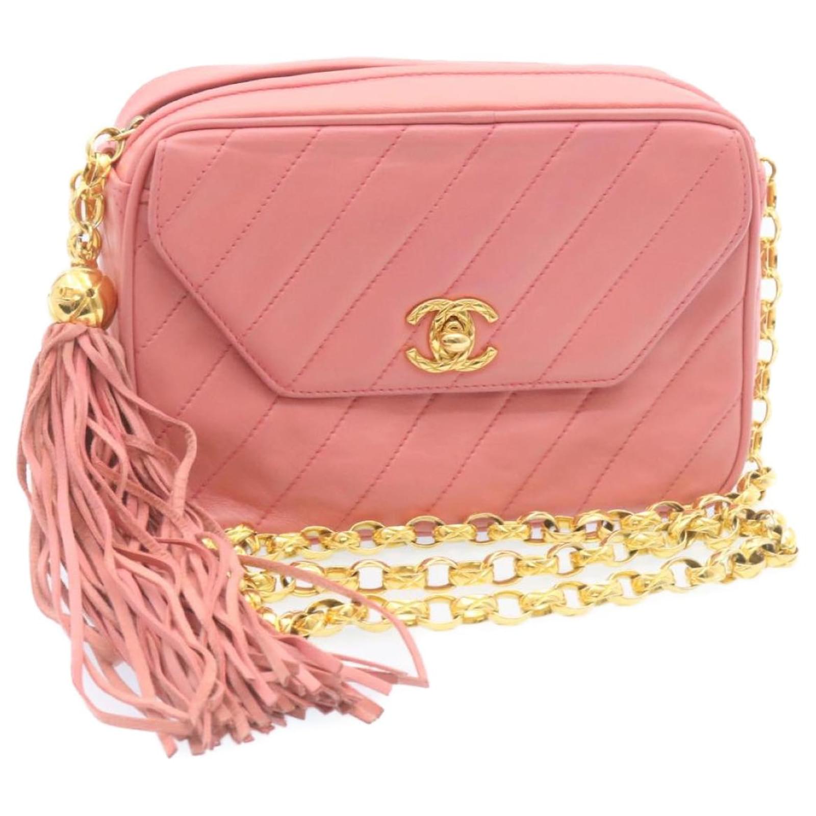 CHANEL Mademoiselle Fringe Chain Shoulder Bag Lamb Skin Pink Gold CC Auth  28272a