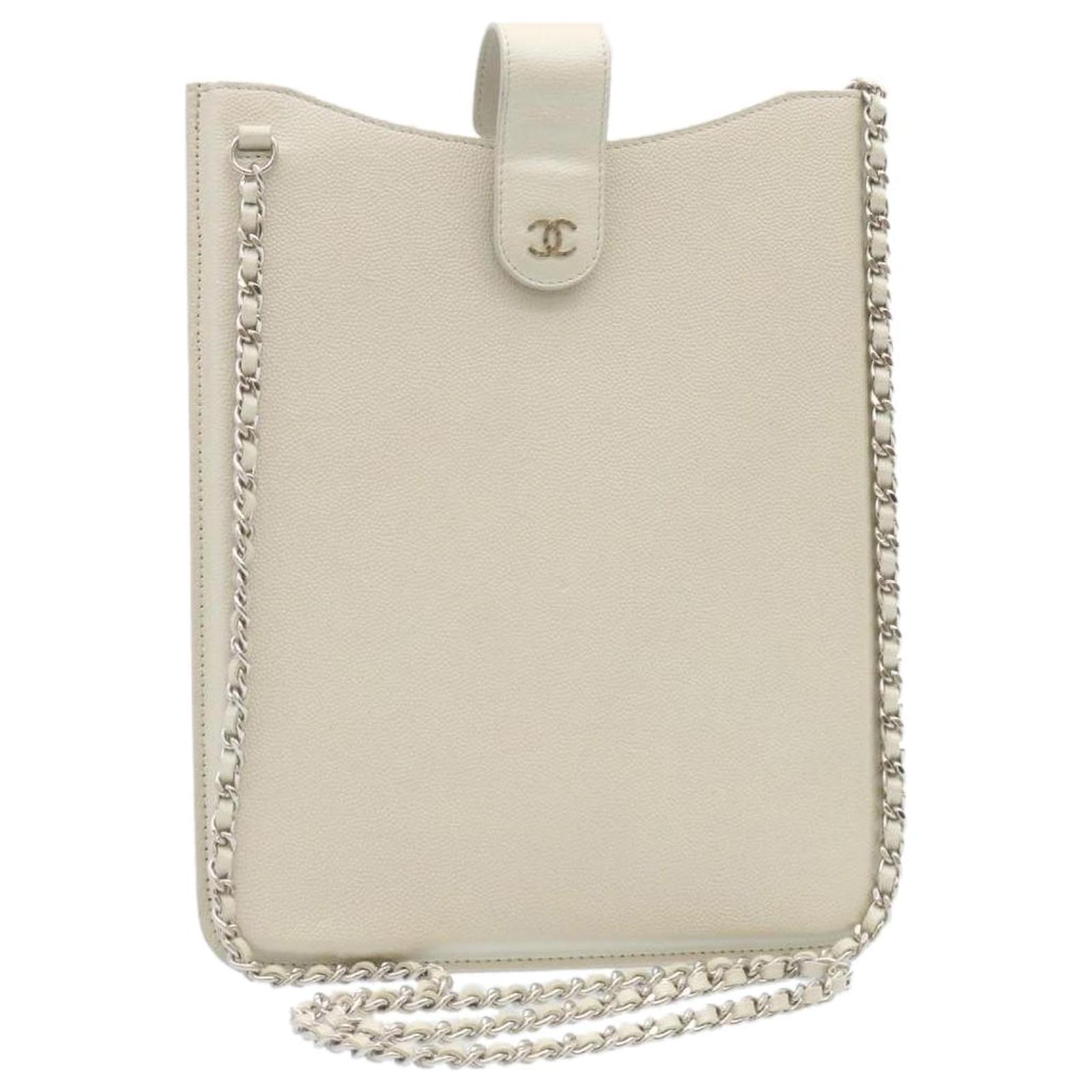 CHANEL Caviar Skin iPad Case Shoulder Bag Leather White CC Auth