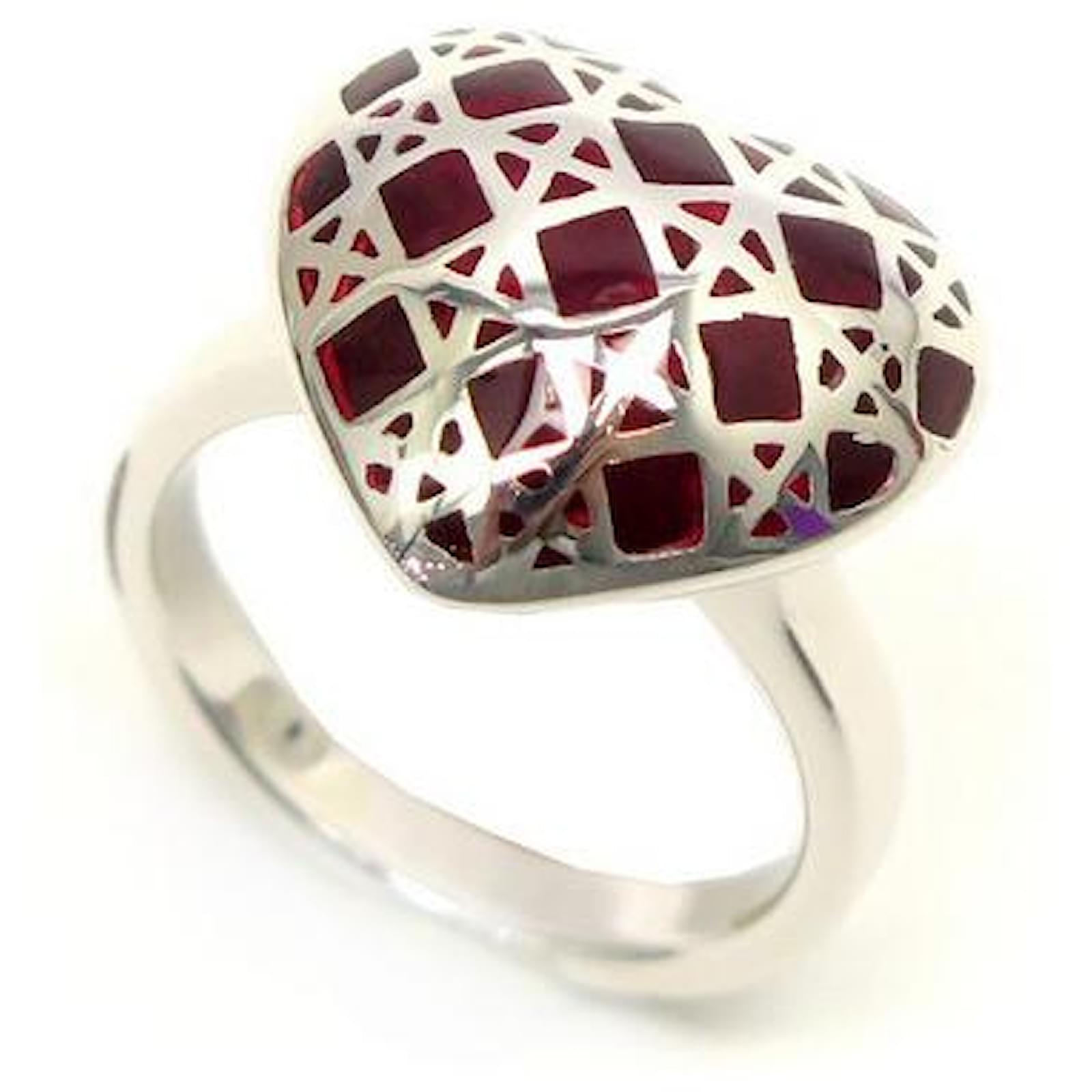 NEUER CHRISTIAN DIOR HEART CANNING RING AUS SILBERMETALL & ROTEM STEIN