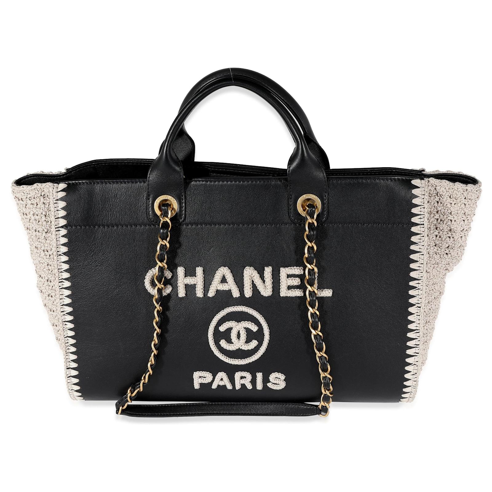 Chanel Black Leather & Beige Crochet Large Deauville Tote ref.637193 -  Joli Closet