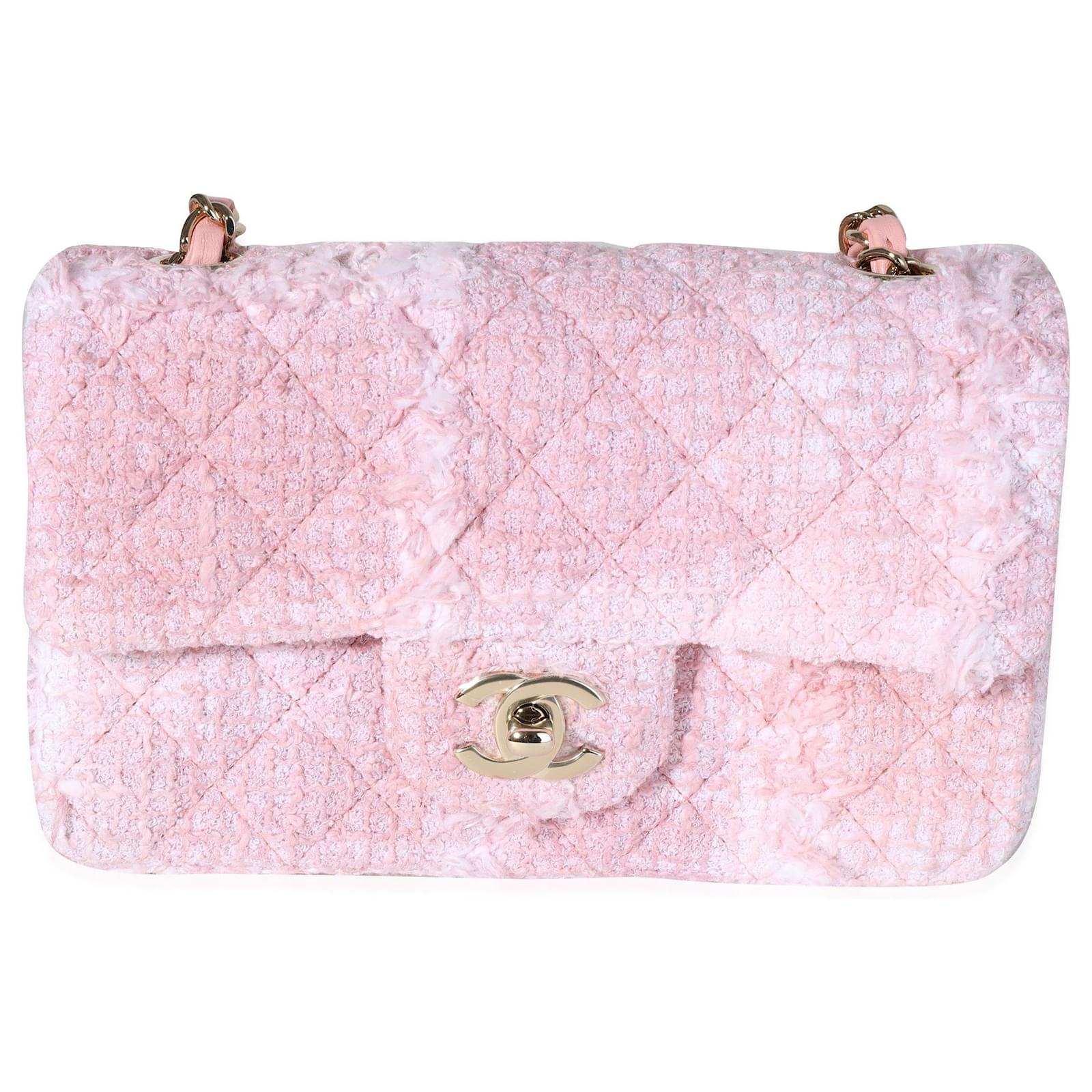 Chanel Pink & White Tweed Mini Rectangle Classic Flap Leather ref