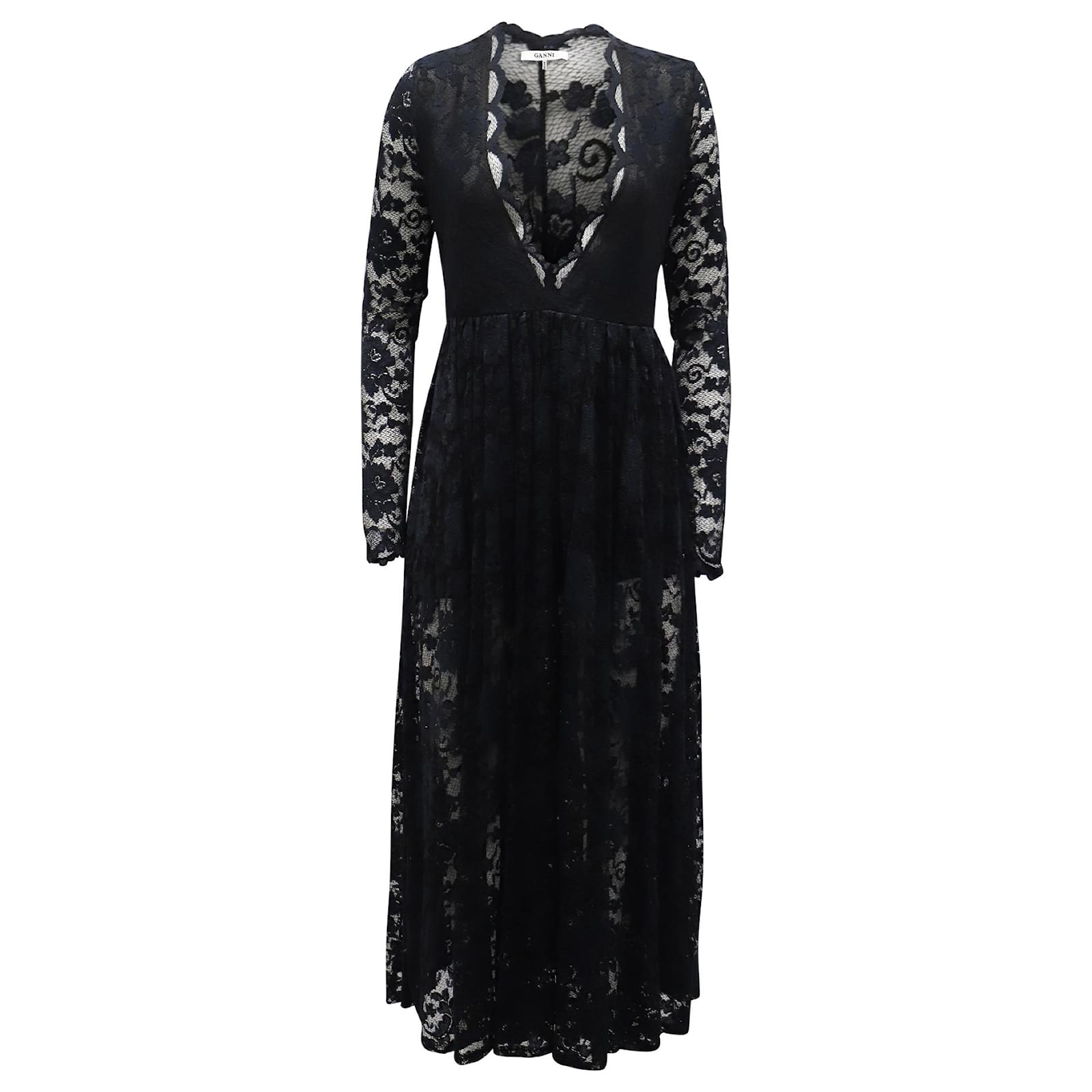 Ganni Deep Neckline Lace Midi Dress in Black Polyamide Blend Nylon ref.JC637482 (Sold) - Joli Closet Ganni Deep Neckline Lace Midi Dress in Black Polyamide Blend Nylon ref.JC637482 (Sold) - Joli Closet