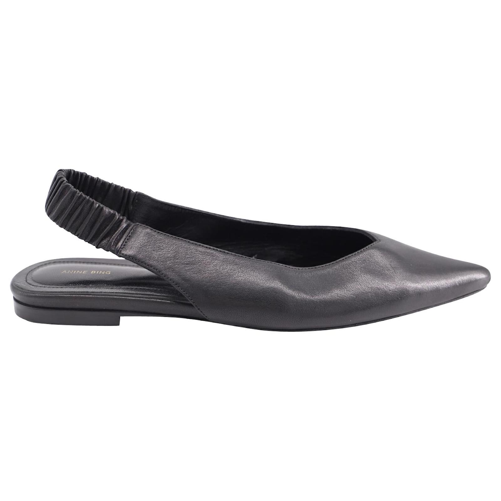 Anine Bing Tara Slingback Pointed Toe Flats in Black Leather Negro