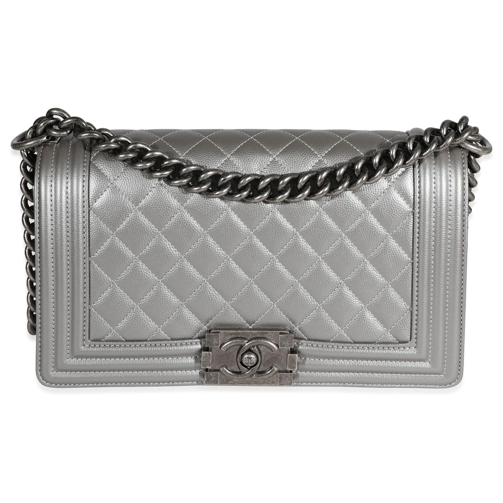 Chanel Dark Silver Quilted Caviar Medium Boy Bag