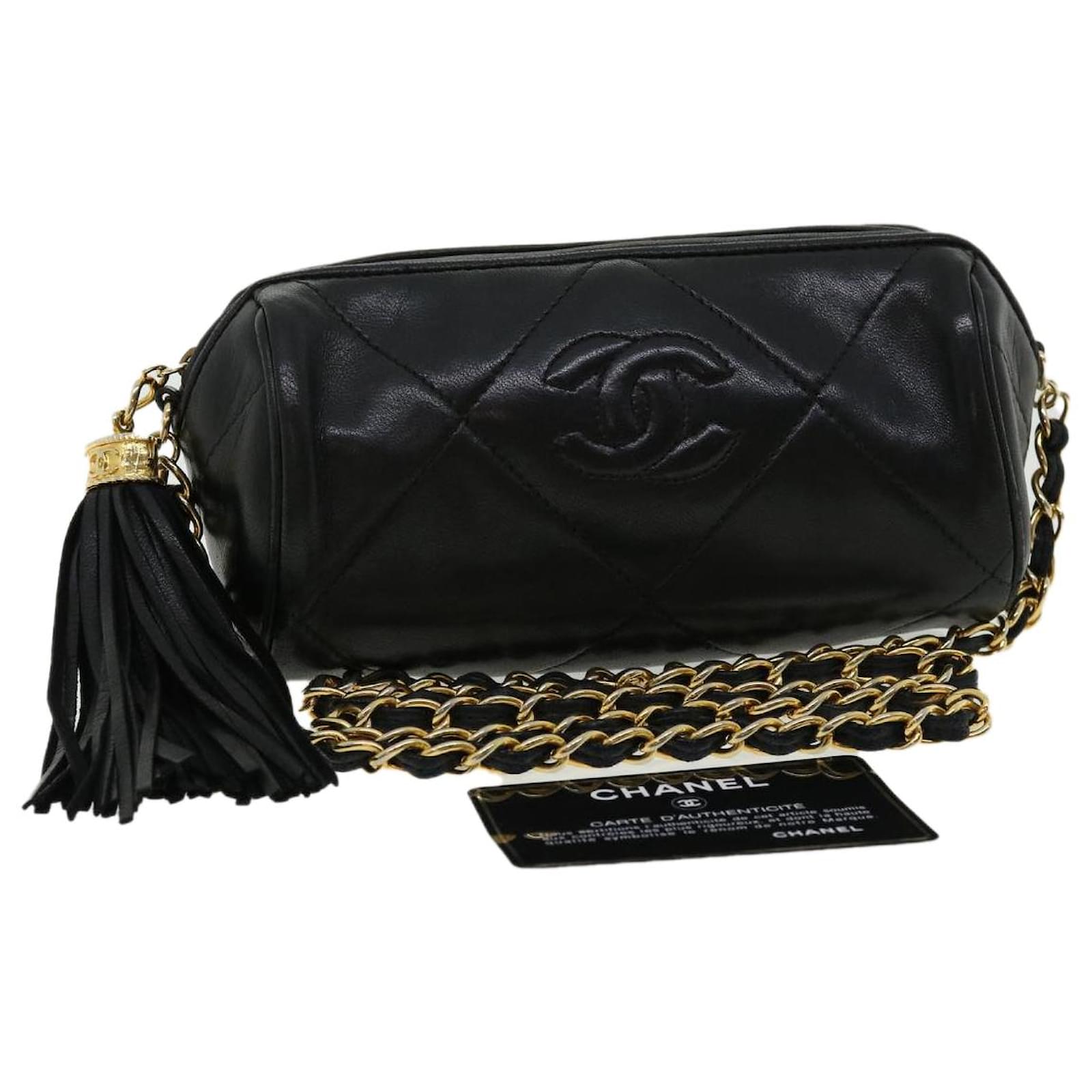RARE MINT Chanel Quilted Fringe Single Chain Lambskin Purse Black 1559383  1990s