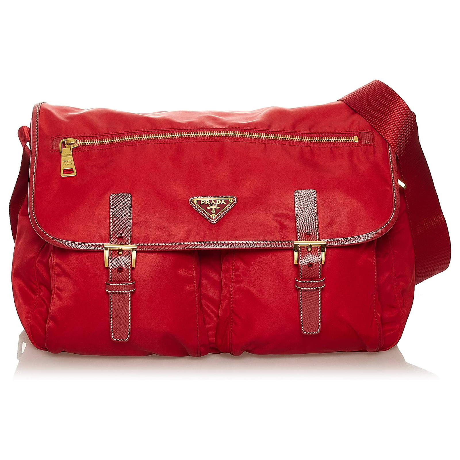 Prada Red Saffiano-Trimmed Tessuto Crossbody Bag Nylon Cloth ref