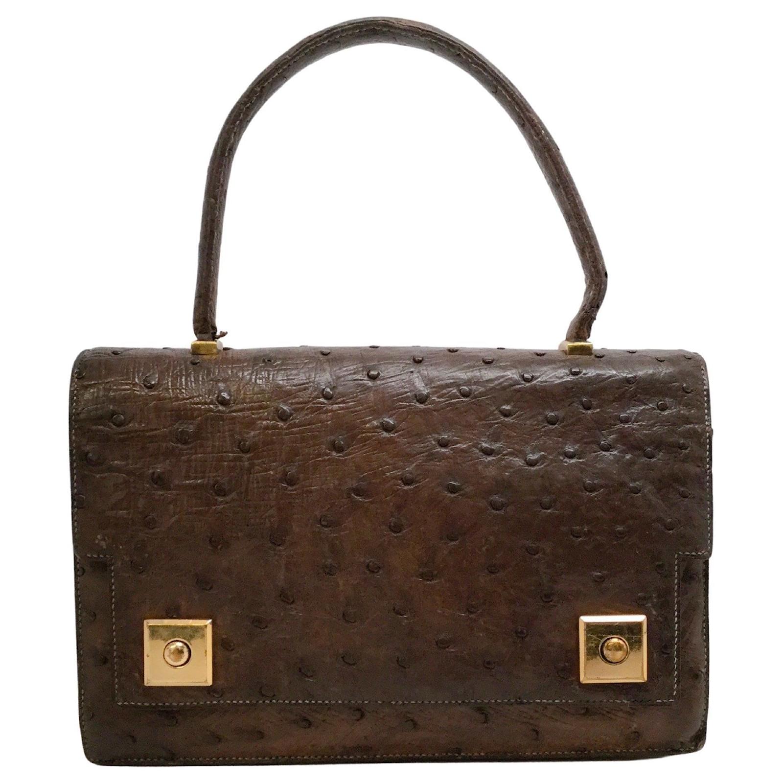 Hermès Hermes 1955 Bolso satchel de piel de avestruz marrón oscuro Castaño  Cuero ref.641213 - Joli Closet
