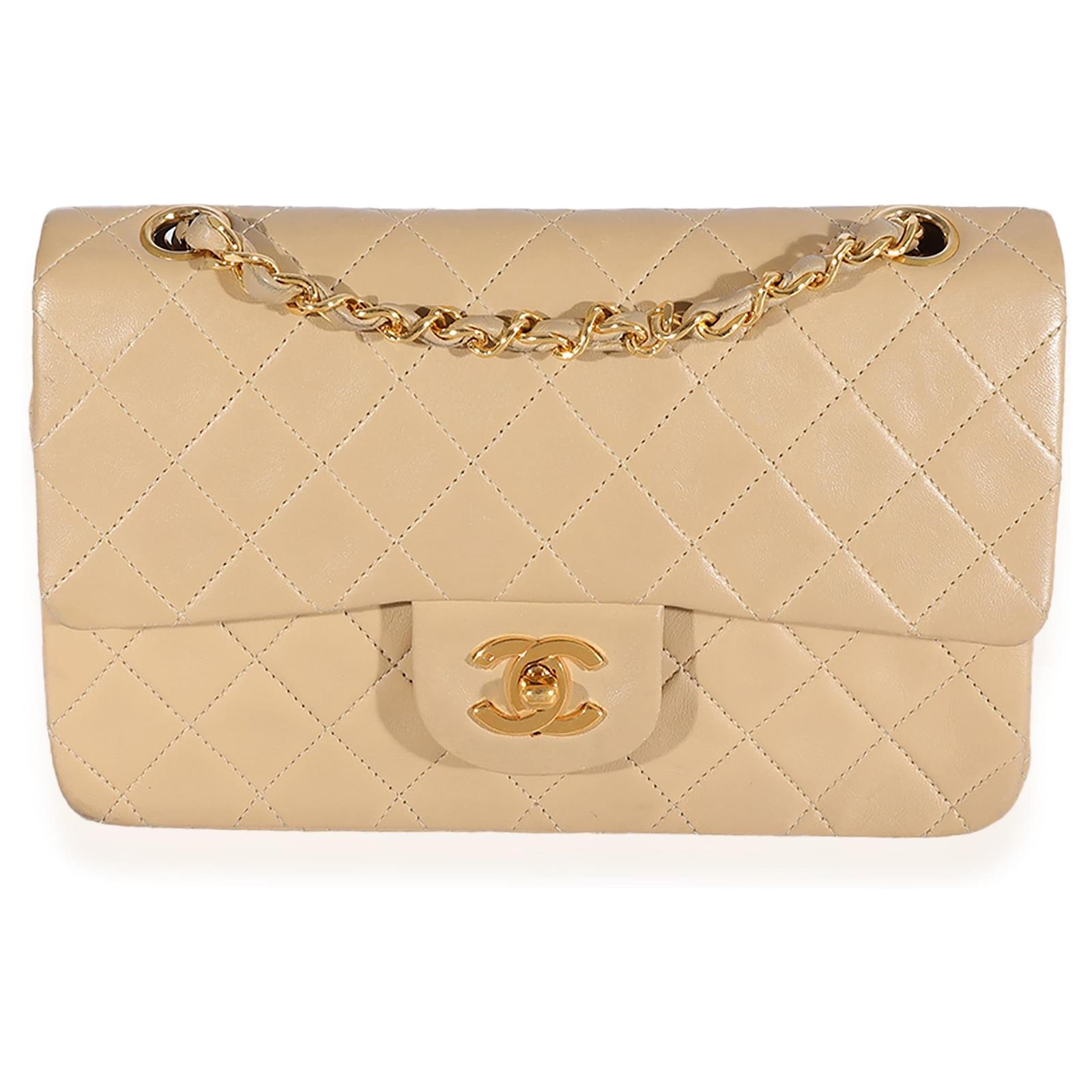 Chanel Beige Quilted Lambskin Medium Classic Double Flap Bag Gold Hardware (Very Good)