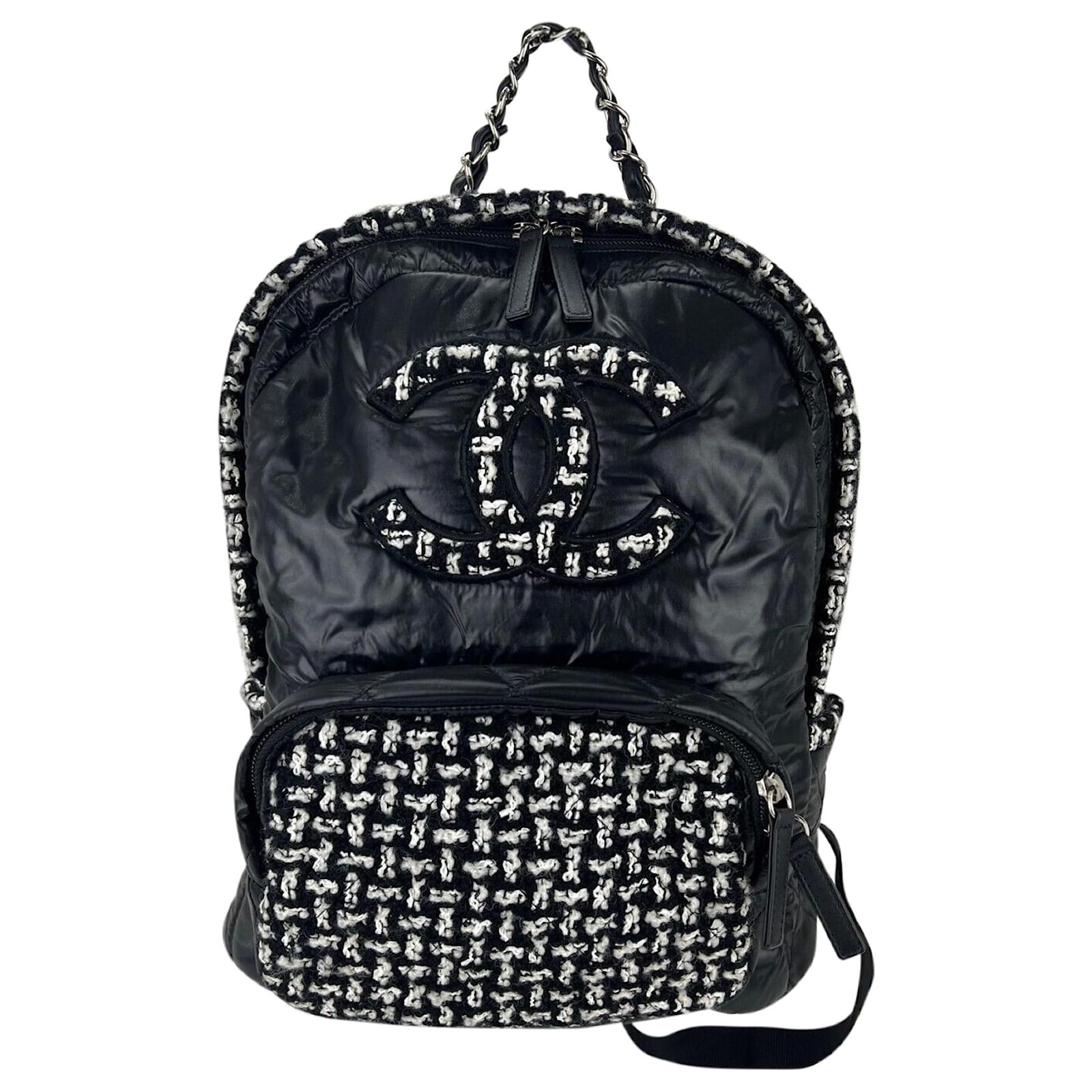 Chanel Backpack Quilted Nylon And Cc Tweed Black White Backpack