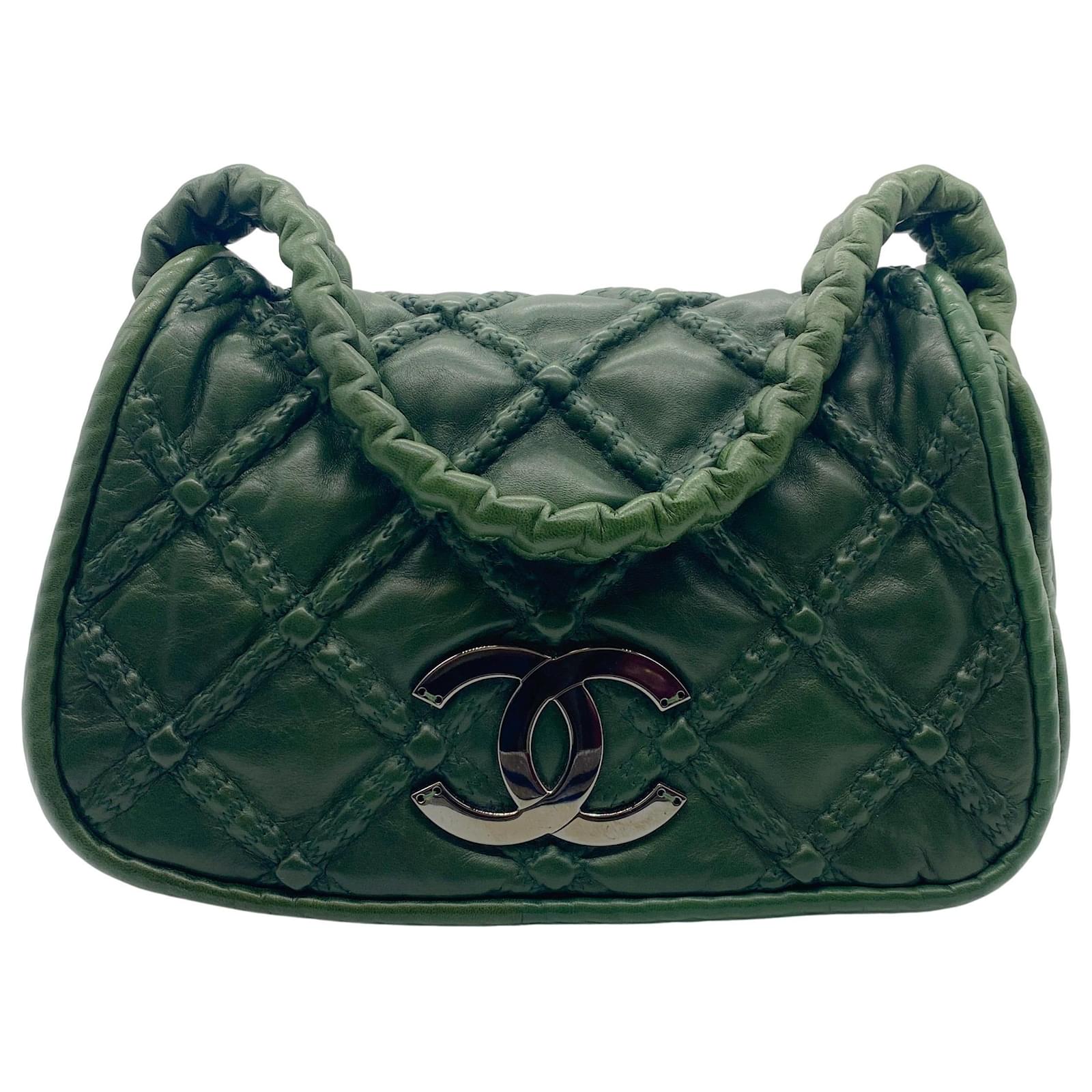 Chanel Hidden Chain Handle Green Leather Shoulder Bag